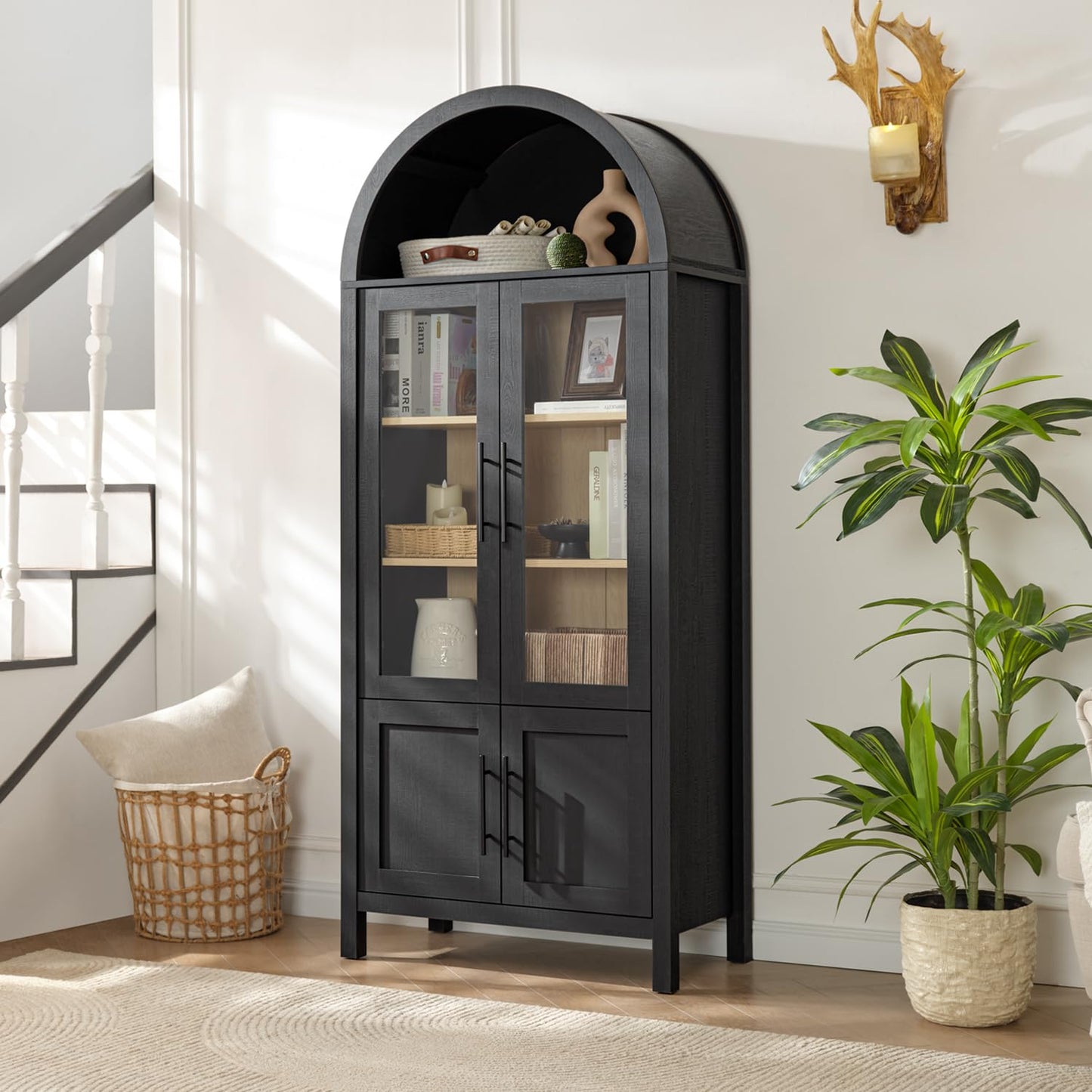 71" Tall Arched Display Cabinet, 5-Tier Bookshelf Modern Farmhouse Arched Bookcase with Glass Doors and Shelves