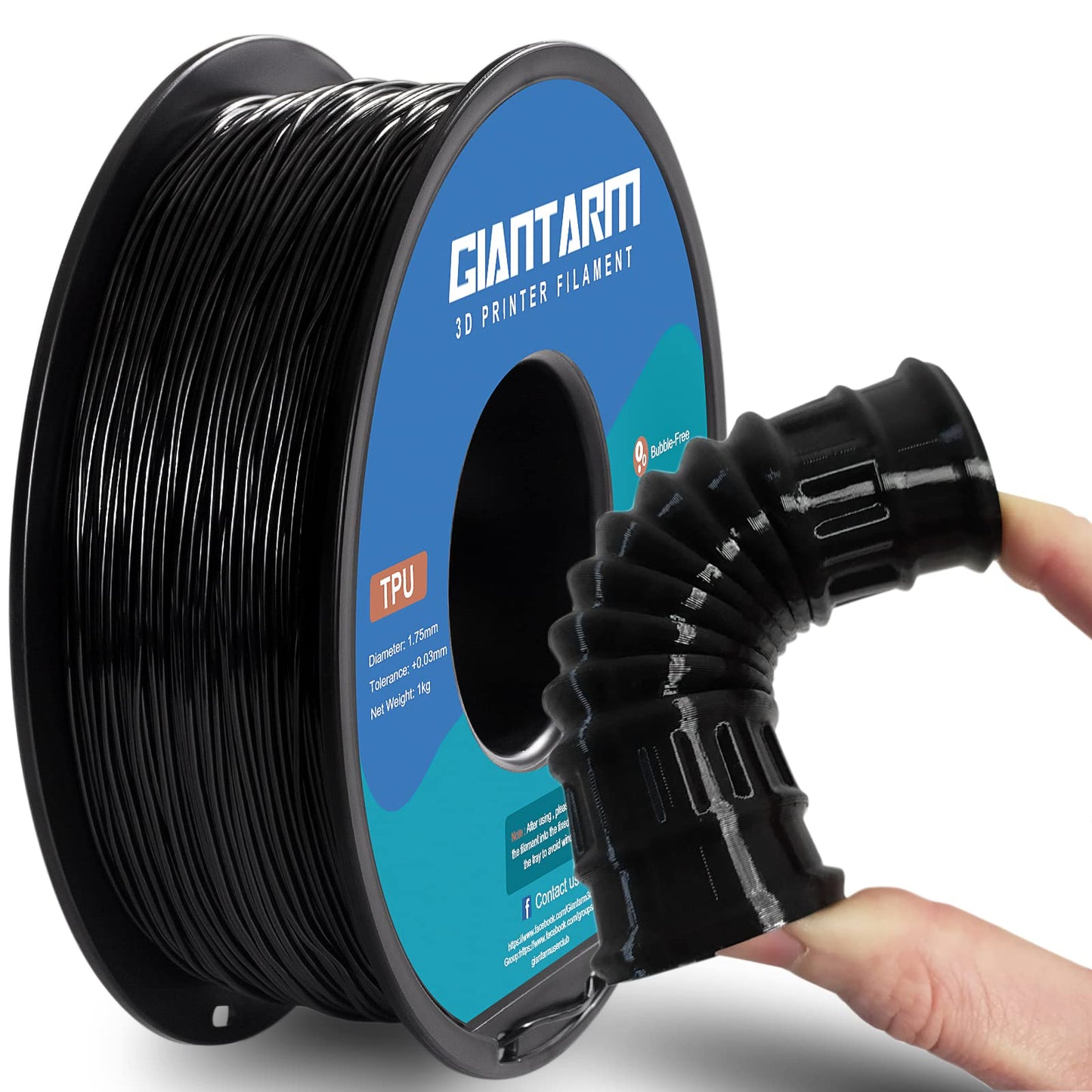 Flexible Soft- GIANTARM TPU Filament 1.75mm,  Black, 95A 1kg Spool (2.2 lbs.)