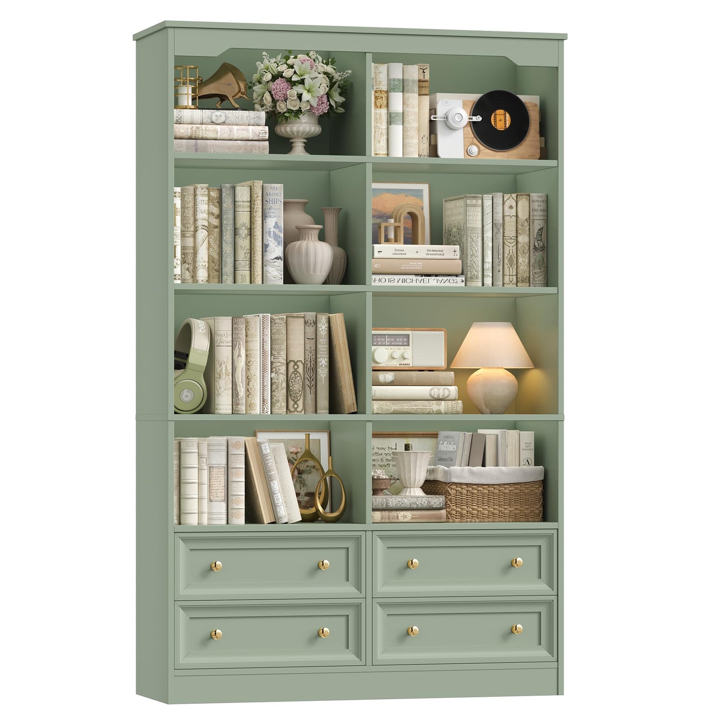 FINETONES 71" Tall Bookshelf with 4 Drawers, 6-Tier Double Wide Bookshelves and Bookcases with Storage, Green Bookshelf Large Open Bookshelves Standing Book Cabinet for Home Office