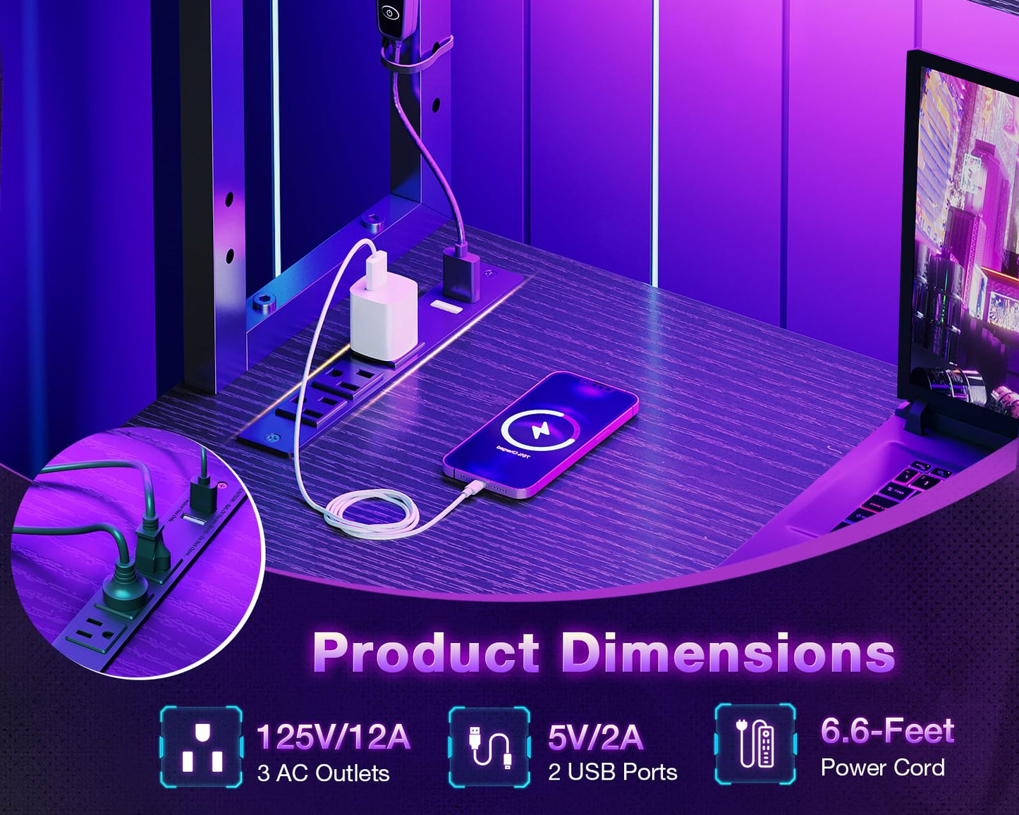 L Shaped Desk with LED Lighting- Black- 53 inch