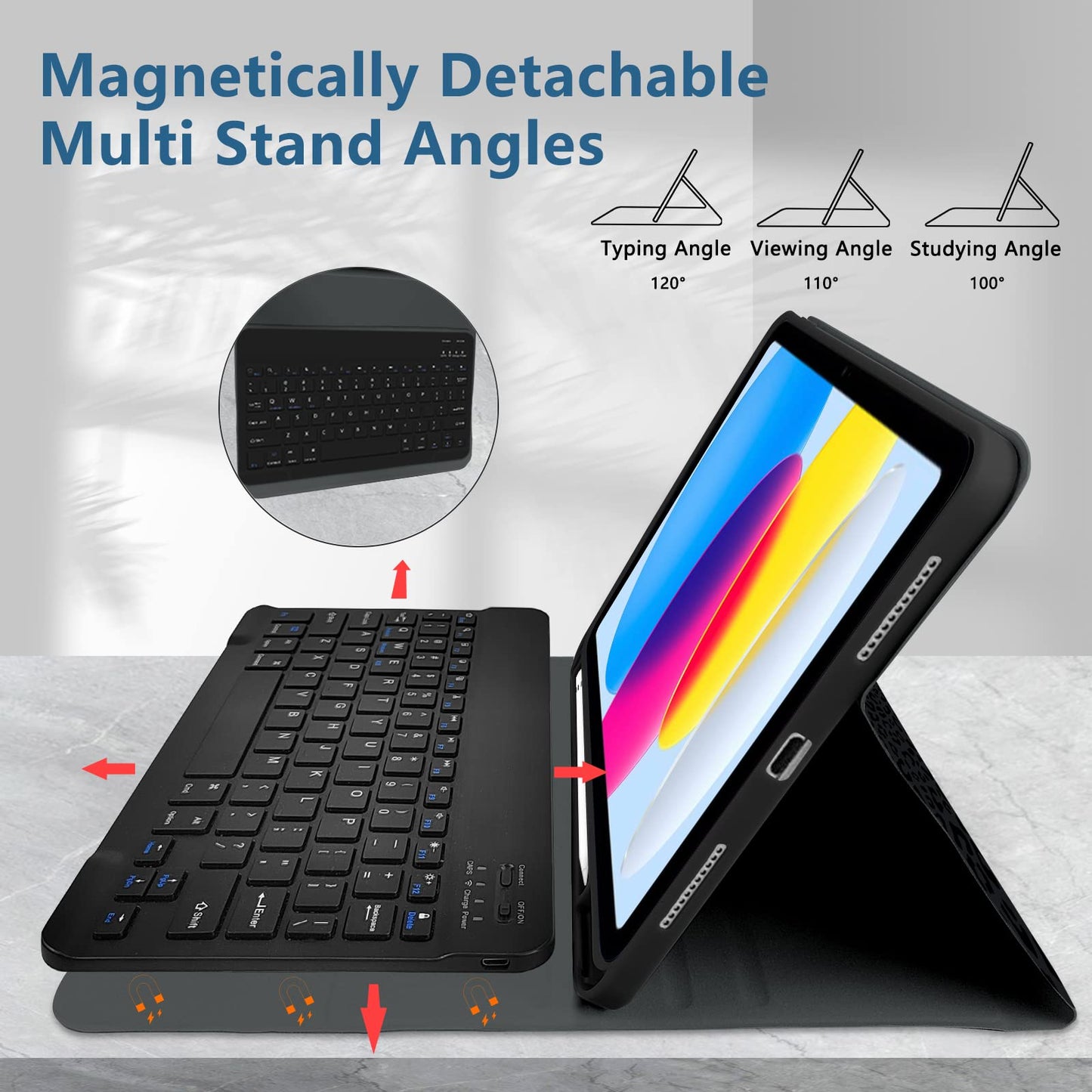 TopPerfekt Case Keyboard for iPad Gen 11th (A16) 11-inch 2025 / 10th 10.9-inch 2022，Detachable, Rechargeable, Magnetically Absorbent,Pencil Holder for 10.9 inch Case with Keyboard- Black Leopard