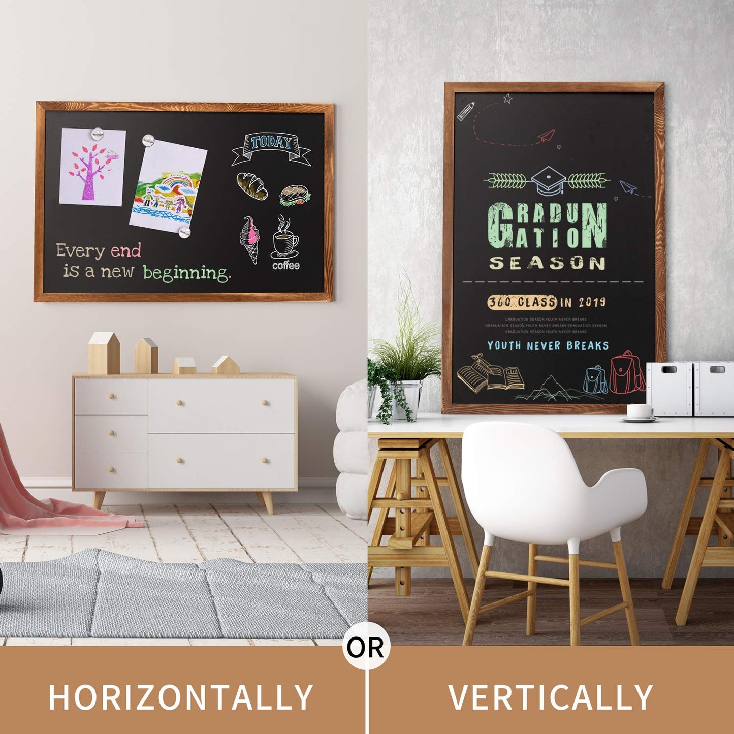 Board2by Large Magnetic Chalkboard Black Board 46 x 32 in, Rustic Brown