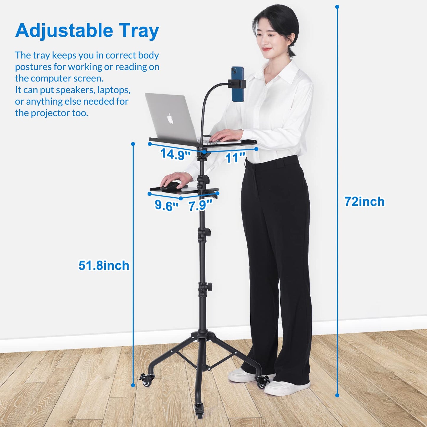 Laptop Tripod on Wheels with 2 Shelves