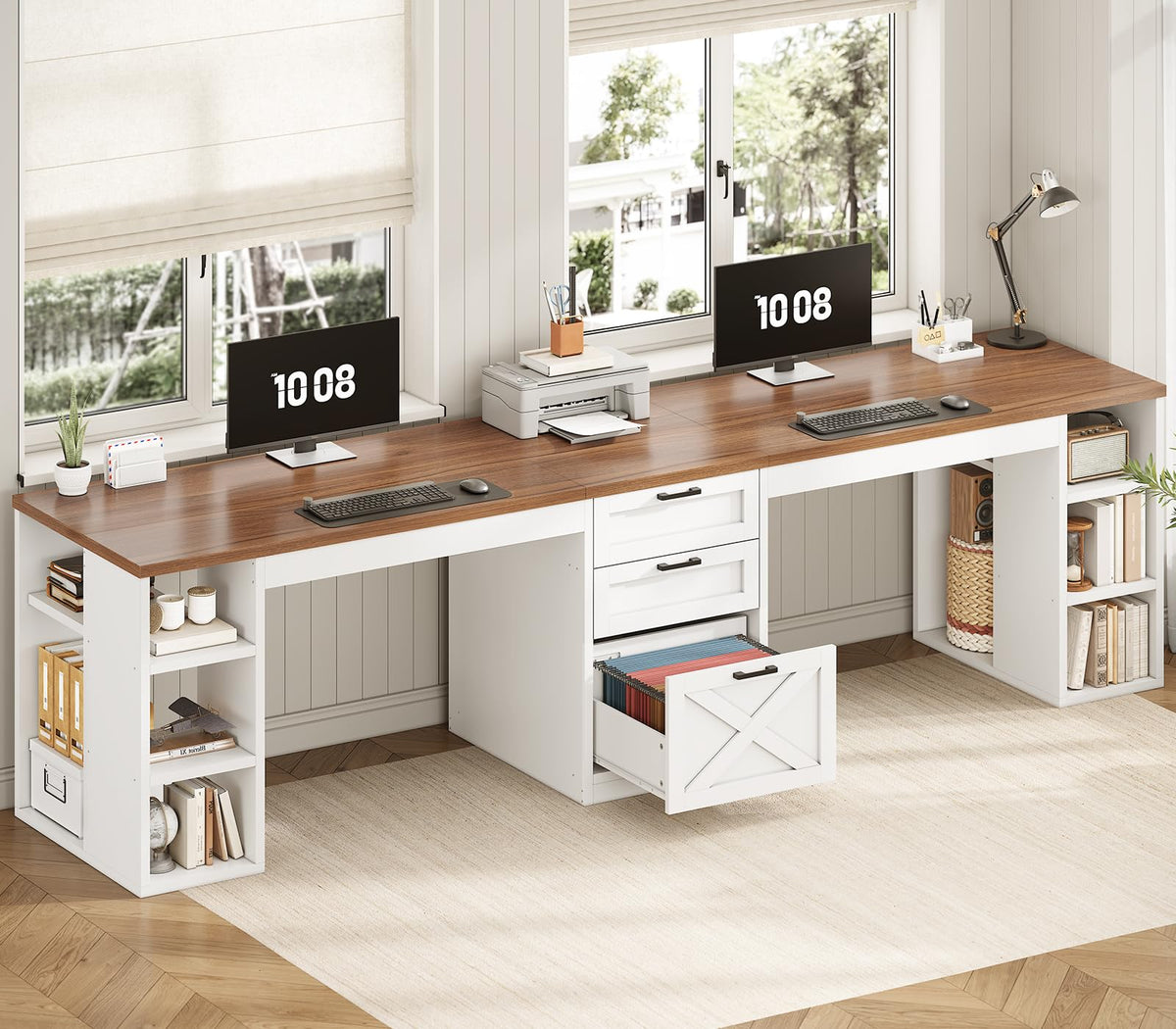 SEDETA Farmhouse 96.5" 2 Person Computer Desk with Storage Drawers