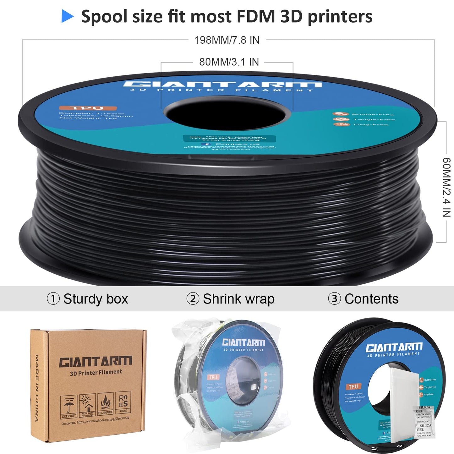 Flexible Soft- GIANTARM TPU Filament 1.75mm,  Black, 95A 1kg Spool (2.2 lbs.)