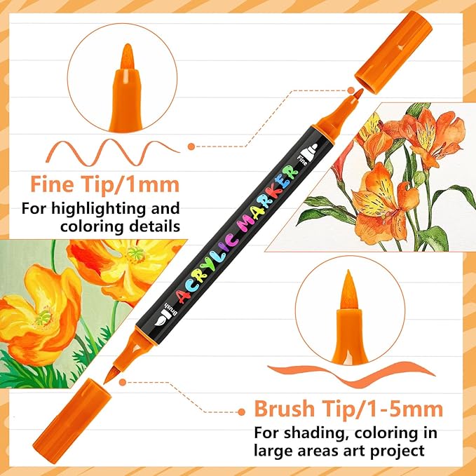 Acrylic Paint Markers, Dual Tip Acrylic Paint Pens with Brush and Fine Tips