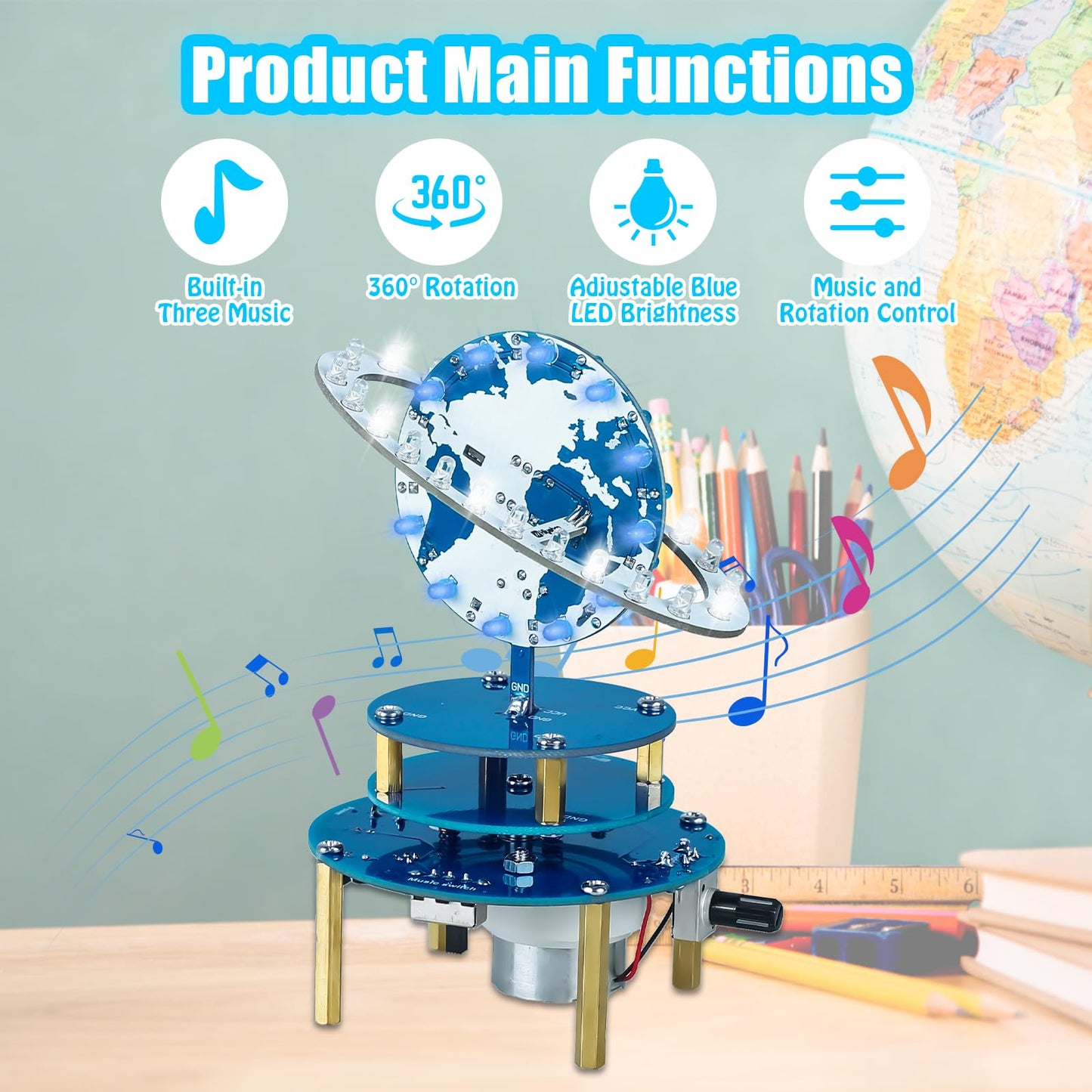 Soldering Practice Project Kit, DIY Globe Planetary Motion Soldering Kit, Rotating Universe Model Electronic Kit with Music Brightness Adjustable for STEM