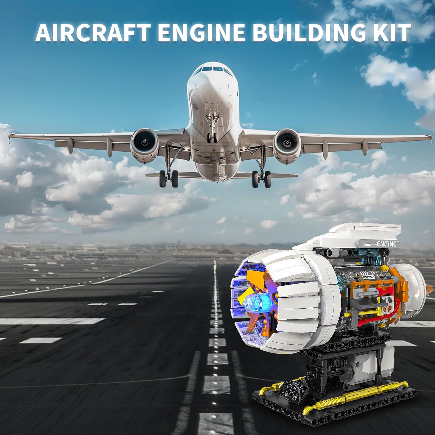 Aircraft Engine Building Kit for Adults, STEM Mini Engine Model with Motor & Hand Rocker, Compatible with Lego Airplane Set