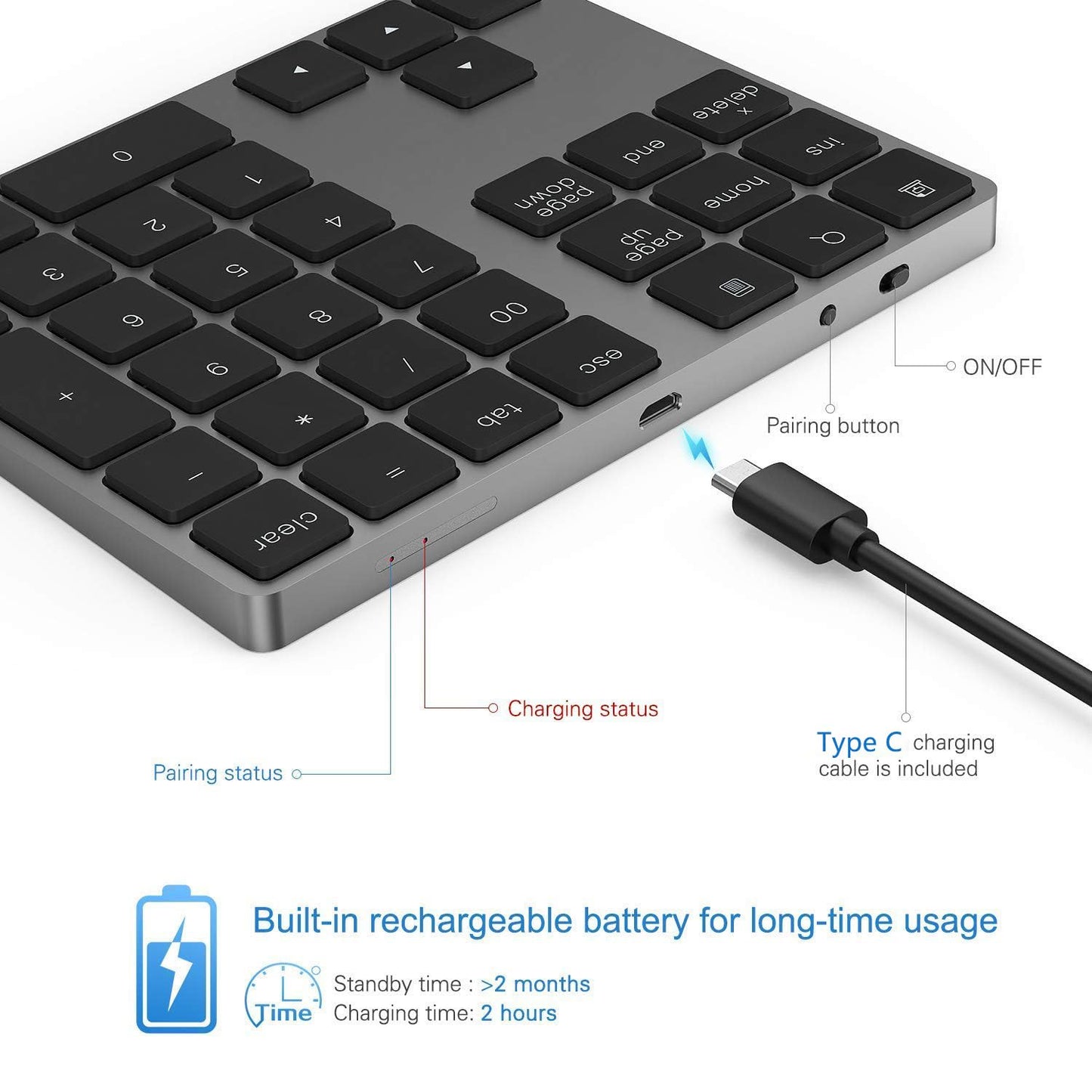 Bluetooth Number Pad, Aluminum Rechargeable Wireless Numeric Keypad