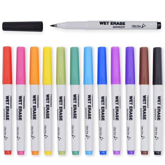 TWOHANDS Wet Erase Markers Ultra Fine Tip, Assorted Colors, 0.7mm, 12 Count