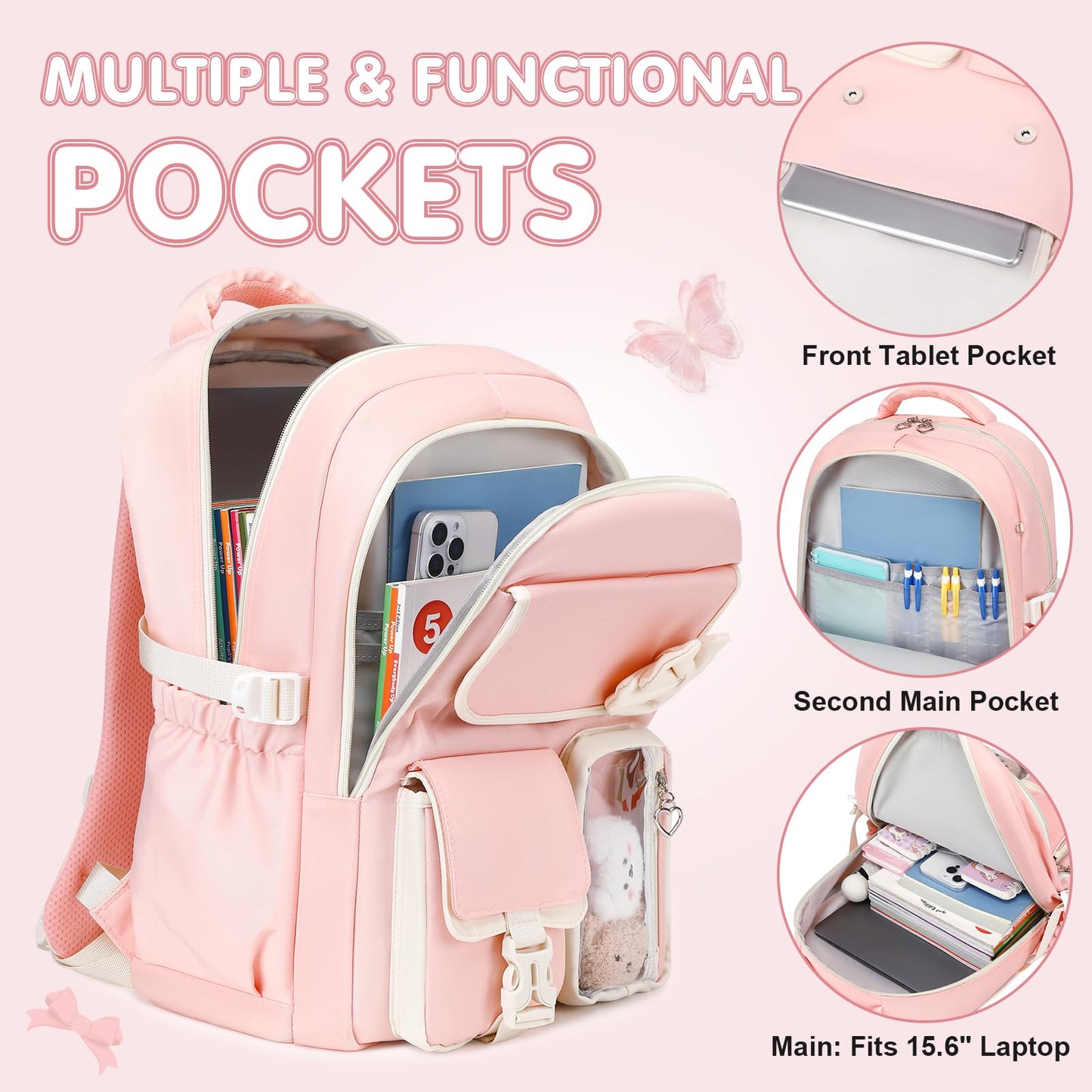 GeeWin Girls Backpack for School Cute Bow with Lunch Box & Pencil Case Set- Pink Beige
