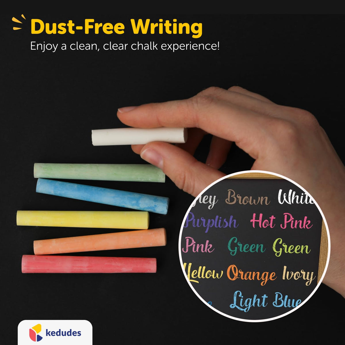 kedudes Dustless Chalk with Eraser, 24pk - 12 Colored Chalkboard Chalks and 12 White Chalk