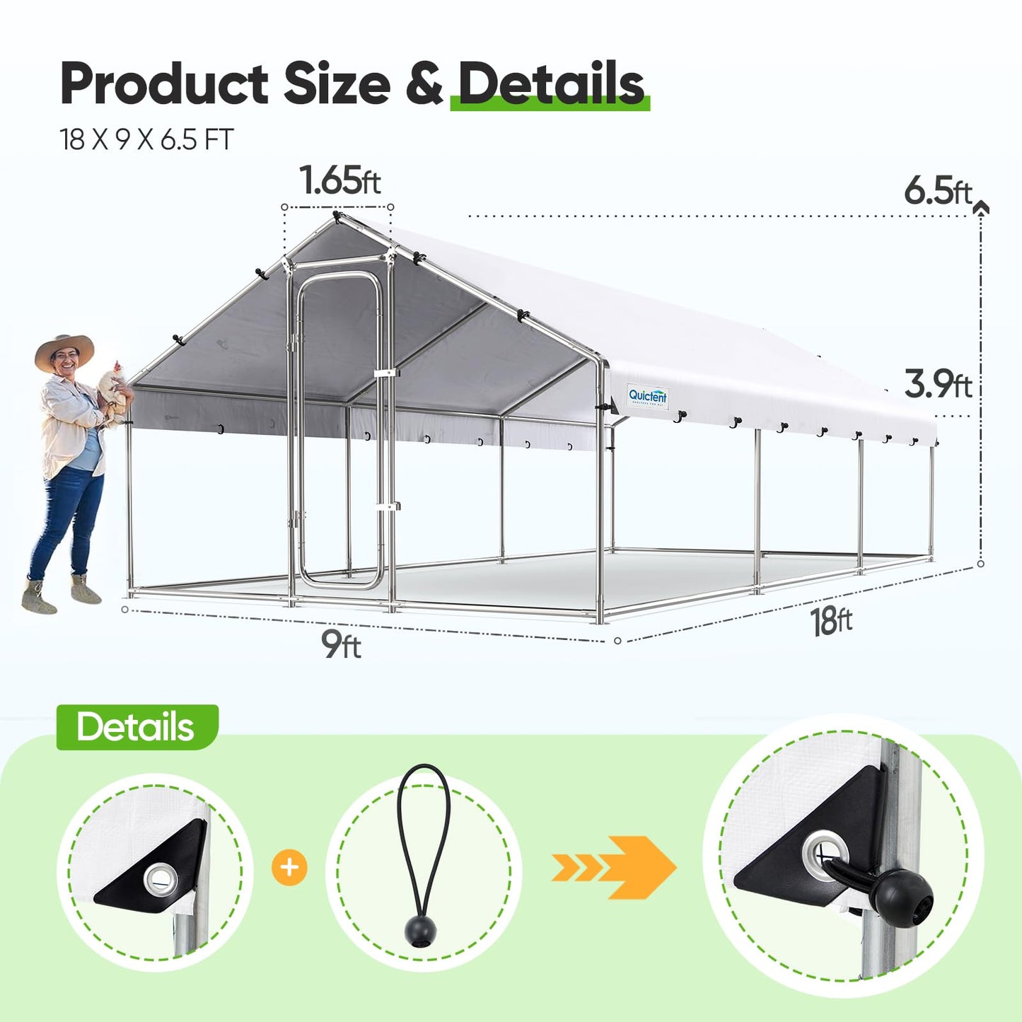 Quictent Large Metal Chicken Coop Run W/Roosting Perch, 18x9x6.6FT