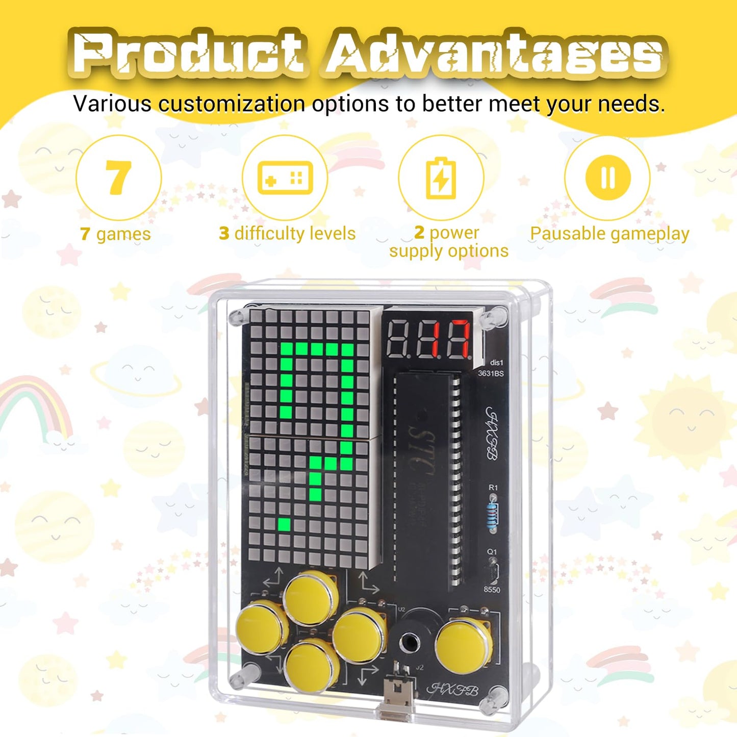 7-in-1 Game Soldering Project Kit, DIY Retro Handheld Game Console Electronics Kit for STEM Learning, 3 Difficulty Levels, Classroom Practice & School Projects for Teens & Students