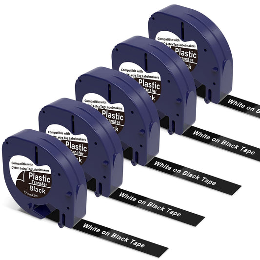 5 X White on Black Tape Replacement for Dymo Label Maker Refills