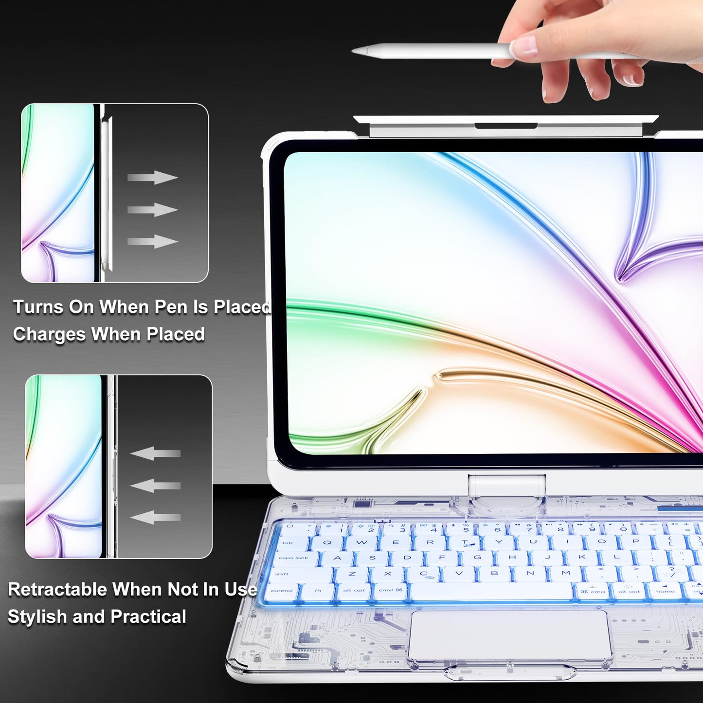 iPad Keyboard Case,for 2022 iPad 10th Generation 10.9-inch and 11th Generation 11-inch(A16,2025) Transparent Keyboard case Featuring RGB backlighting, 360° Rotating trackpad, and Stylus Slot,White