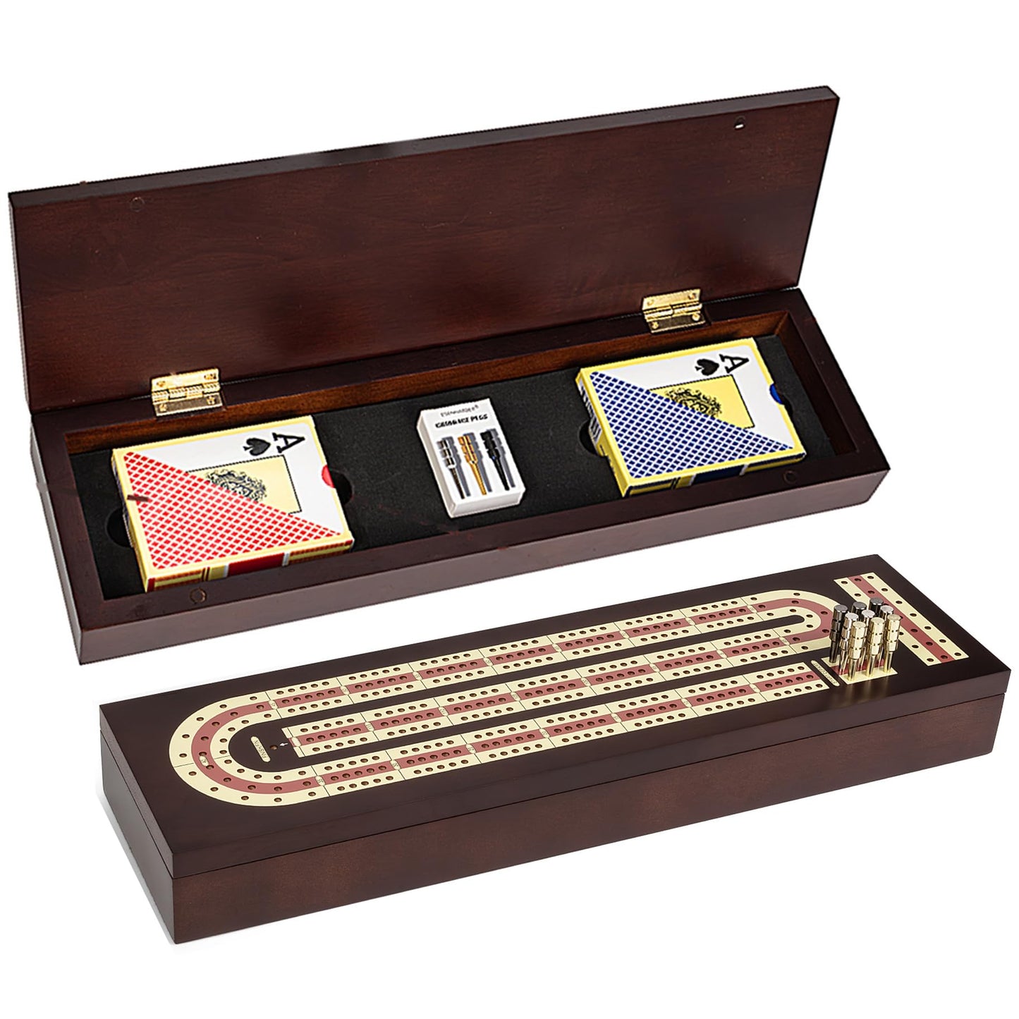 Cribbage Board Game Set, Wooden Board with Magnetic Lock and Metal Pegs