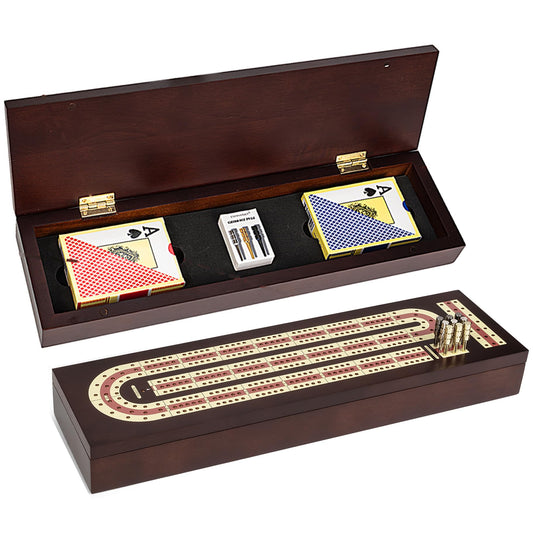 Cribbage Board Game Set, Wooden Board with Magnetic Lock and Metal Pegs