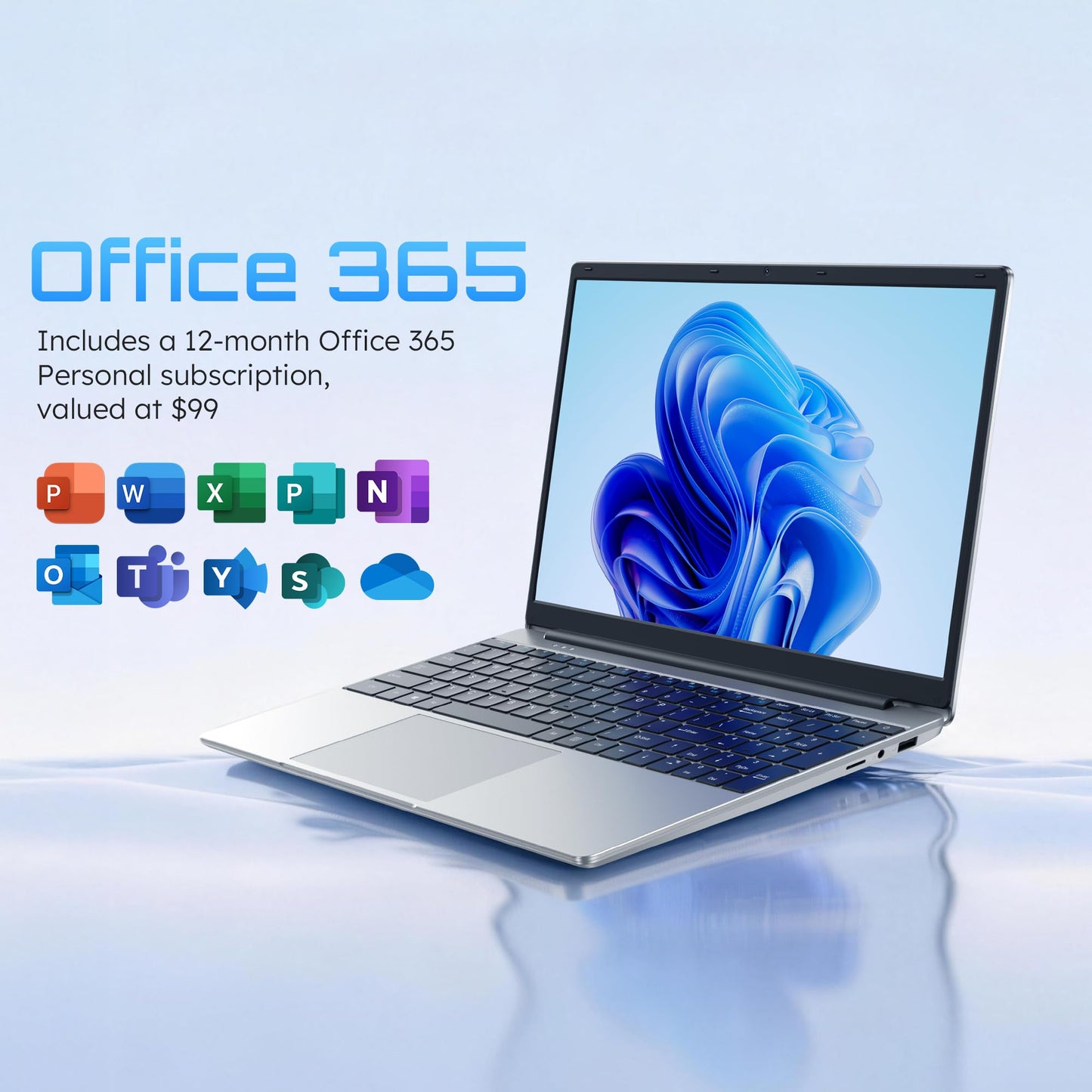 15.6" Laptop, 1-Year Office 365, 4GB RAM 128GB Storage Expandable to 512GB