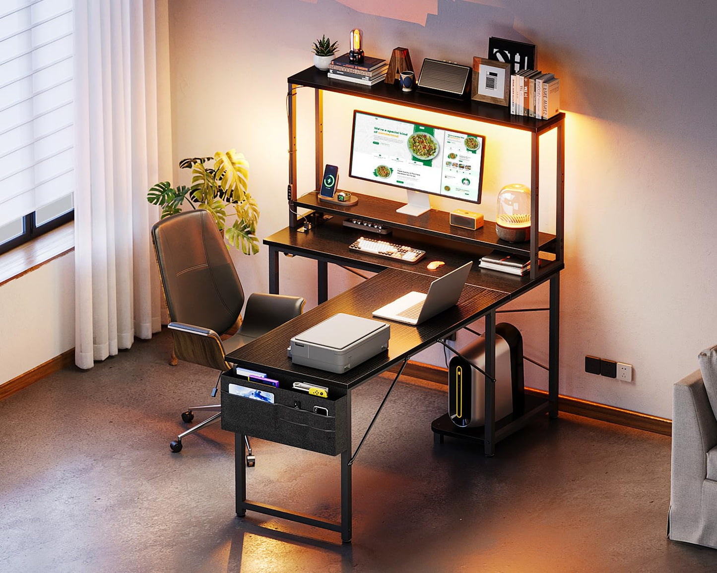 L Shaped Desk with LED Lighting- Black- 53 inch