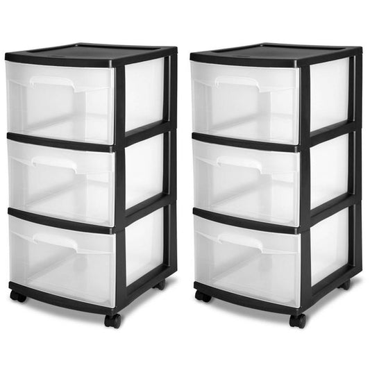 2 Pack Plastic Storage Organizer, 3 Drawer Rolling Bin Cart