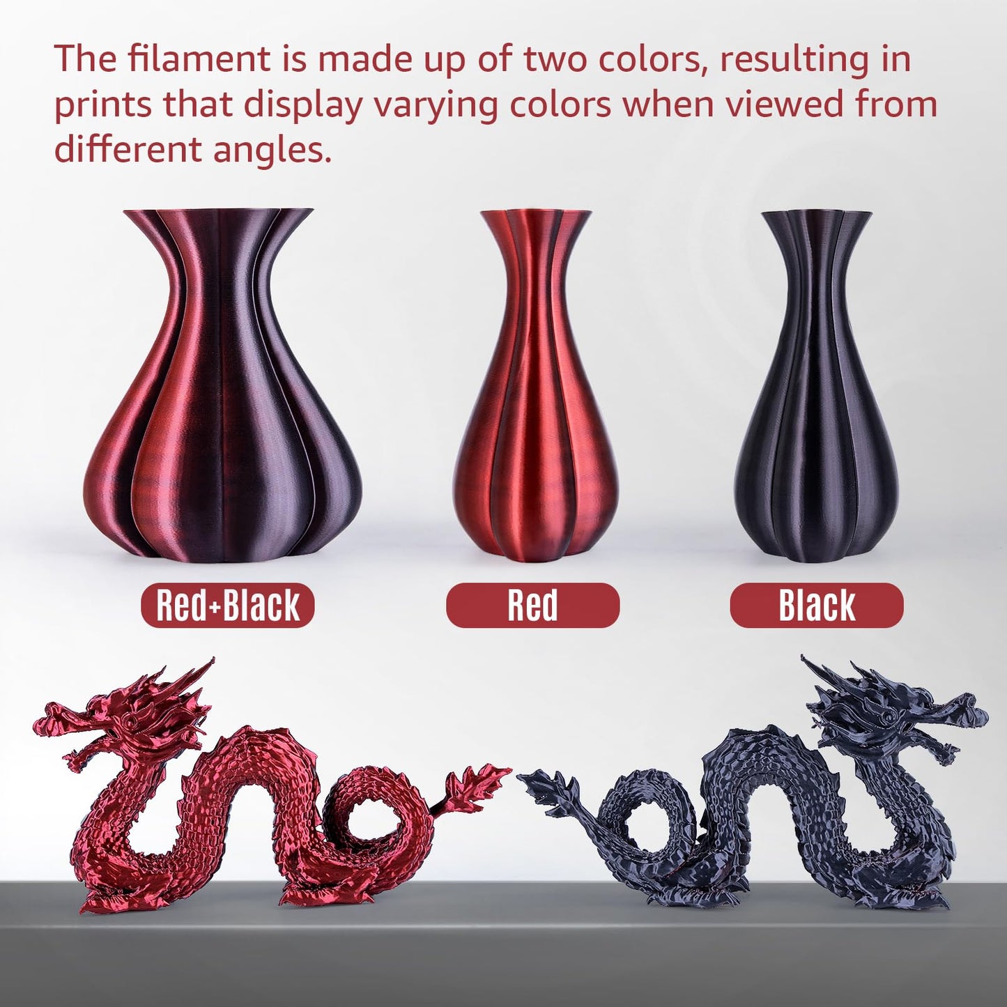 Silk Dual Color PLA+ 3D Printer Filament 1.75mm, Black+Red