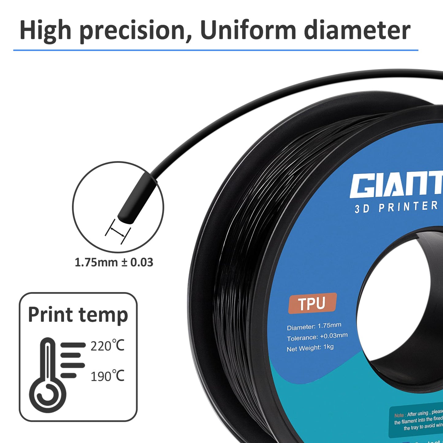 Flexible Soft- GIANTARM TPU Filament 1.75mm,  Black, 95A 1kg Spool (2.2 lbs.)