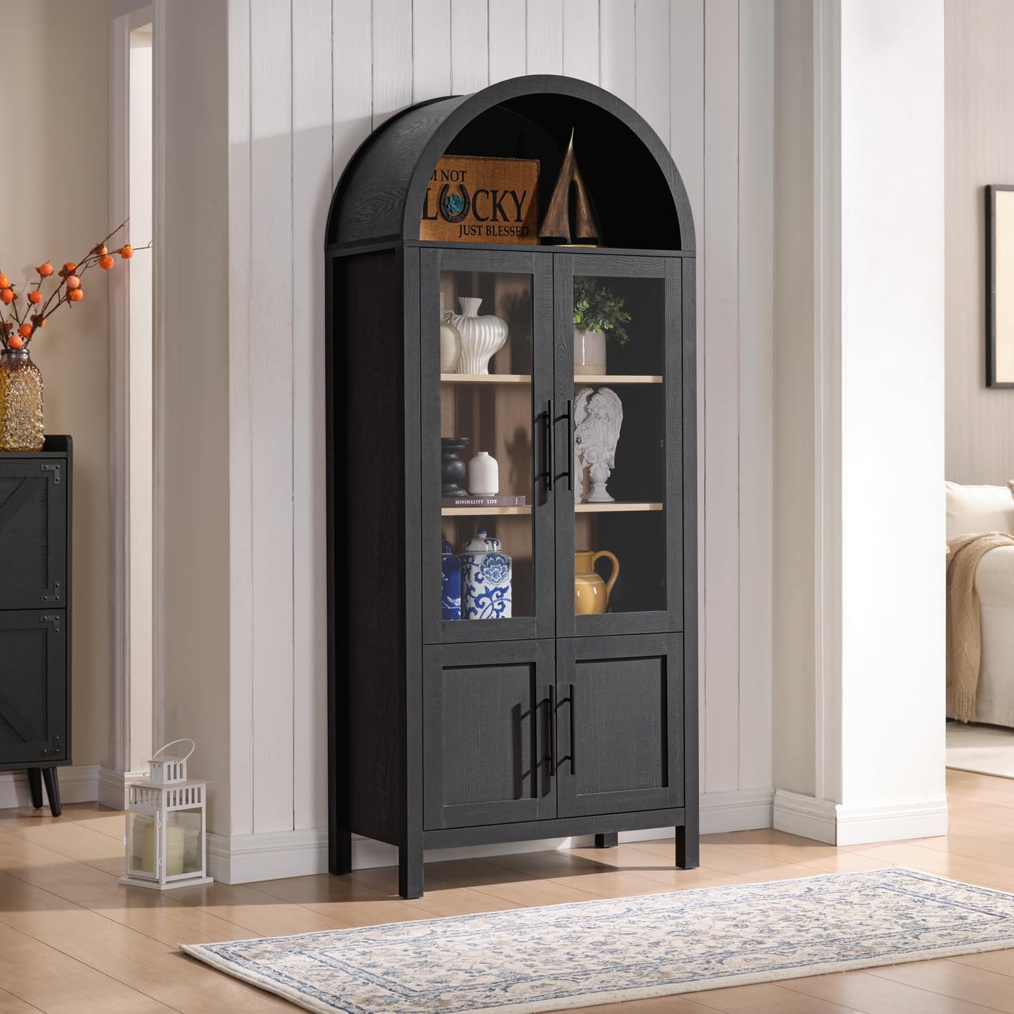 71" Tall Arched Display Cabinet, 5-Tier Bookshelf Modern Farmhouse Arched Bookcase with Glass Doors and Shelves