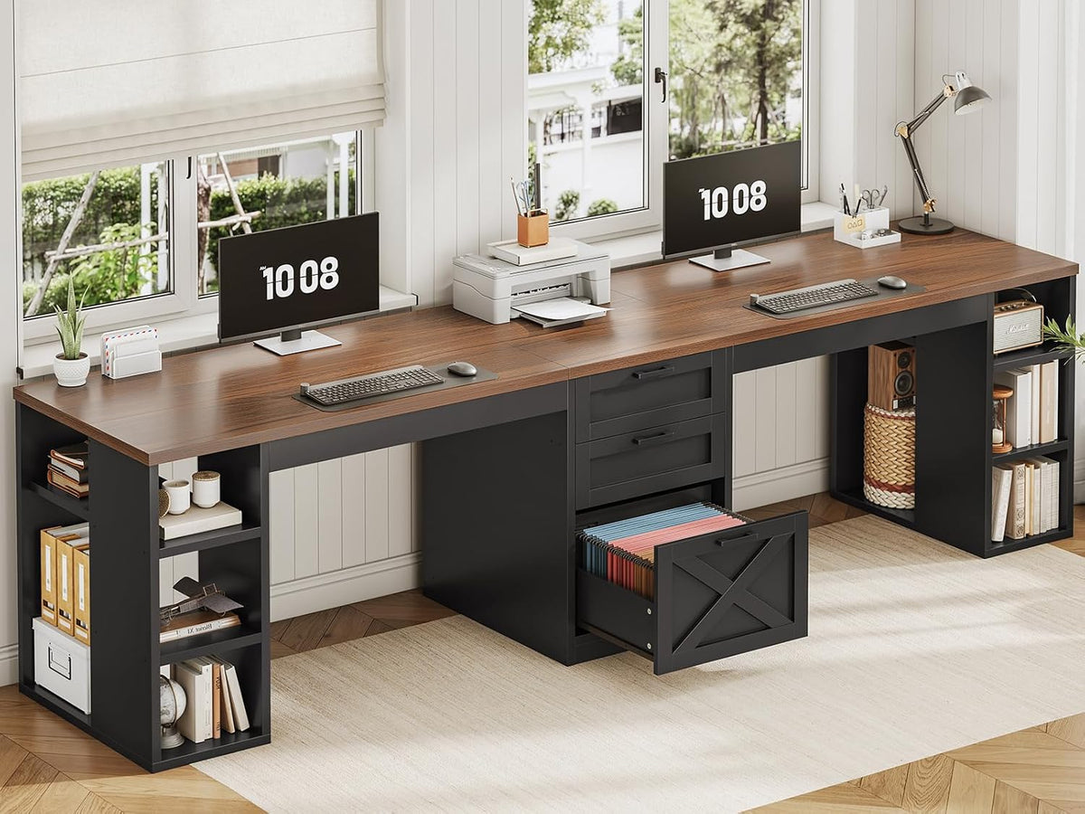 SEDETA Farmhouse 96.5" 2 Person Computer Desk with Storage Drawers