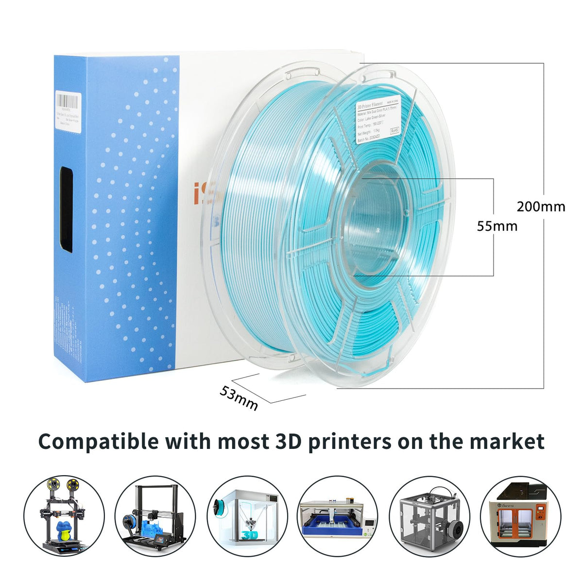 iSANMATE 3D Filament, 1.75mm Dual Color PLA, Lake Green & Silver, 1kg/Spool