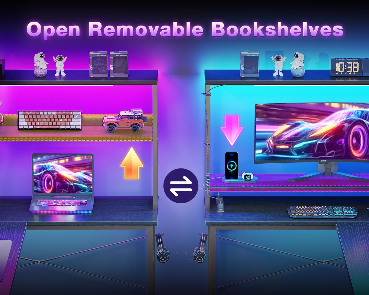 L Shaped Desk with LED Lighting- Black- 53 inch