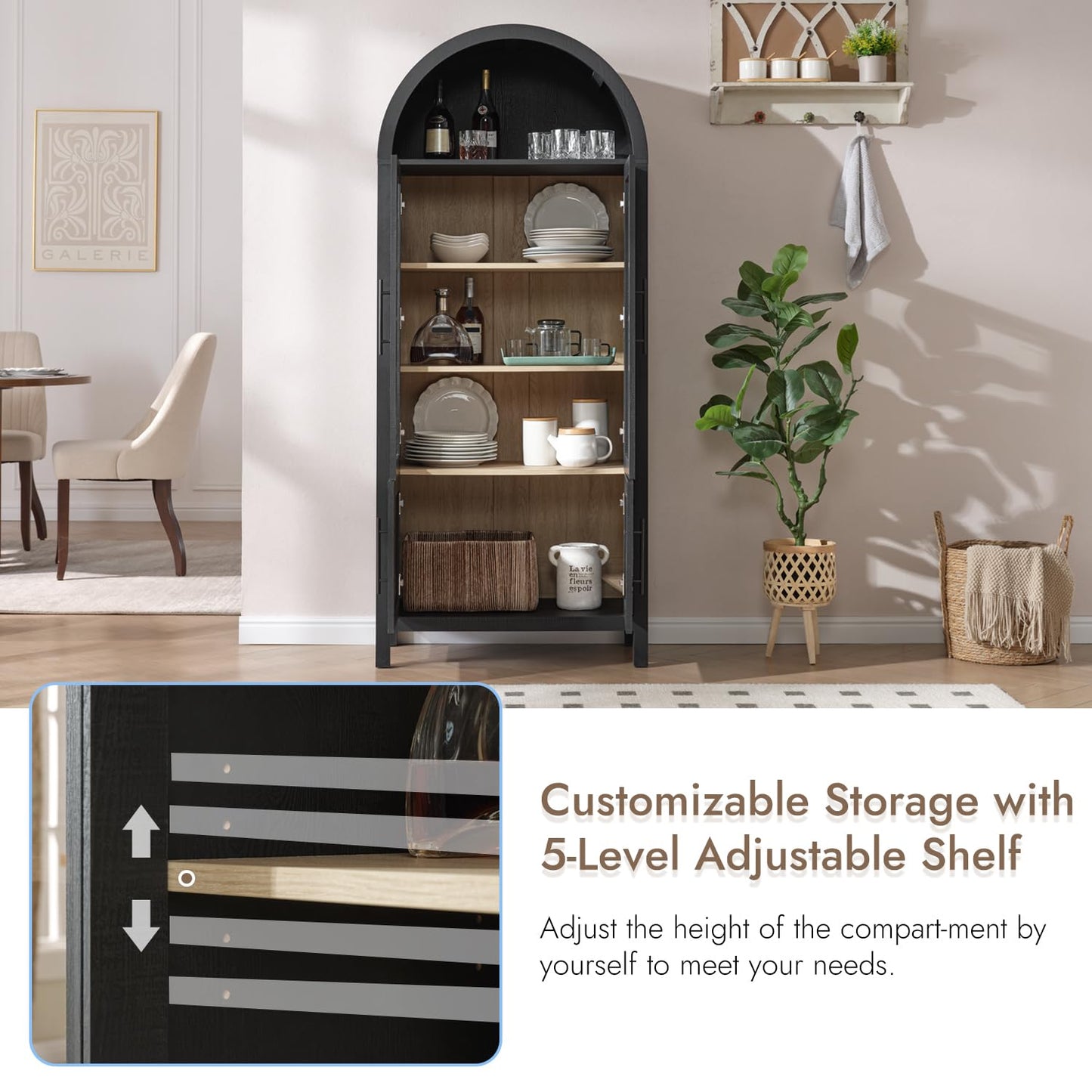 71" Tall Arched Display Cabinet, 5-Tier Bookshelf Modern Farmhouse Arched Bookcase with Glass Doors and Shelves