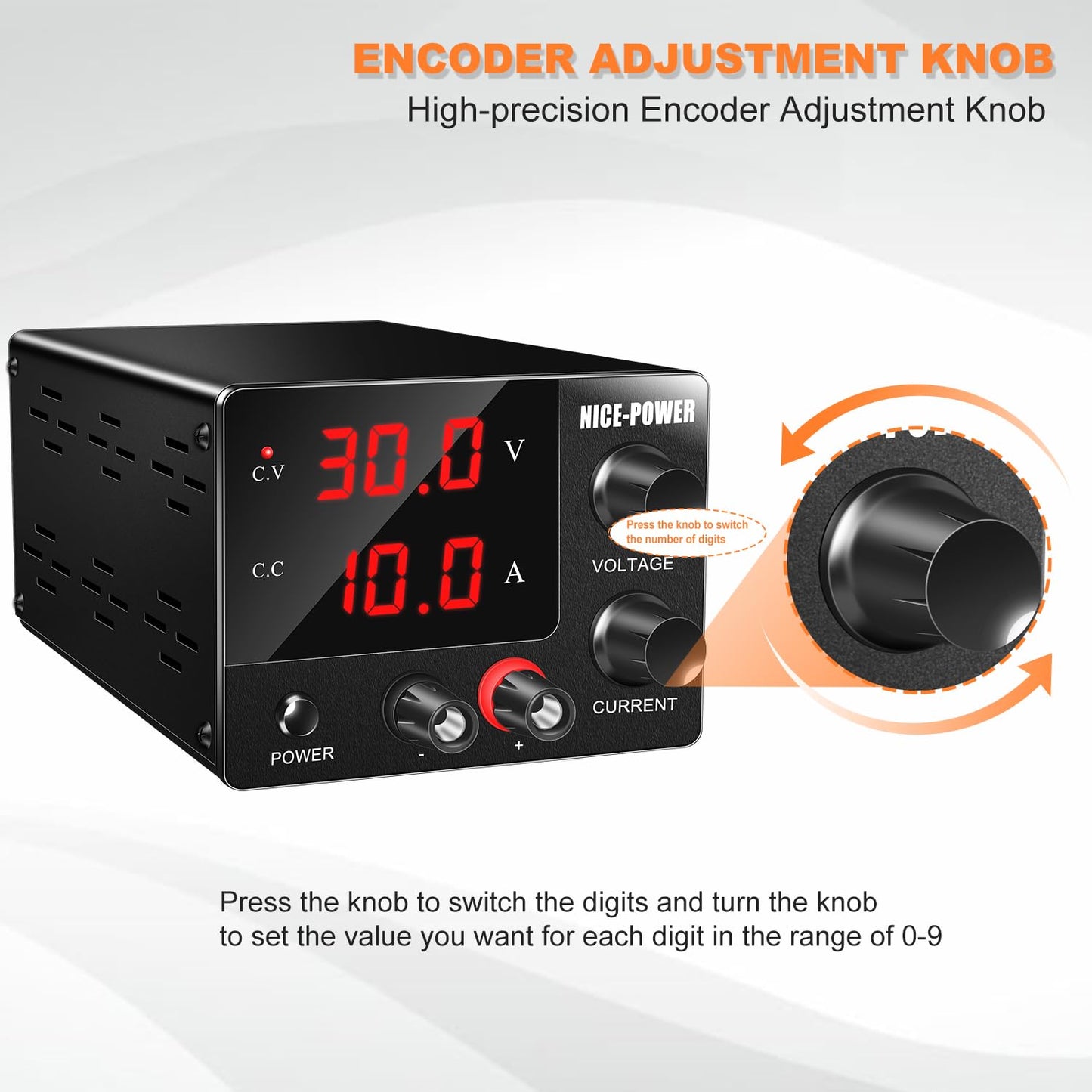 NICE-POWER DC Power Supply Variable 0~30V 0~10A, 3-Digits LED Display Current and Voltage Adjustable 150W Fixed with Encoder DC Bench Power Supply 15V 10A/30V 5A,Electroplating DIY etc PSU