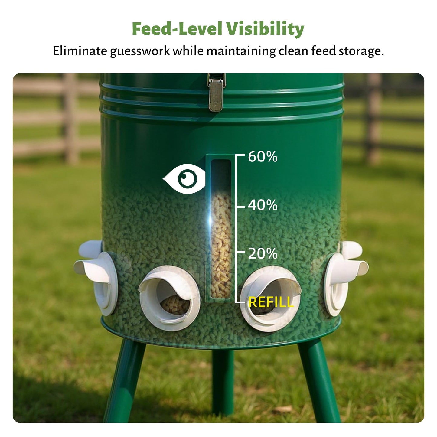 KOL 50 LB Large Free Standing Chicken Feeder, Portable Gravity Chicken Feeder Automatic, Dispenser, 8 Feeding Ports Poultry Feeder for Chicken Rooster & Hen (Green)