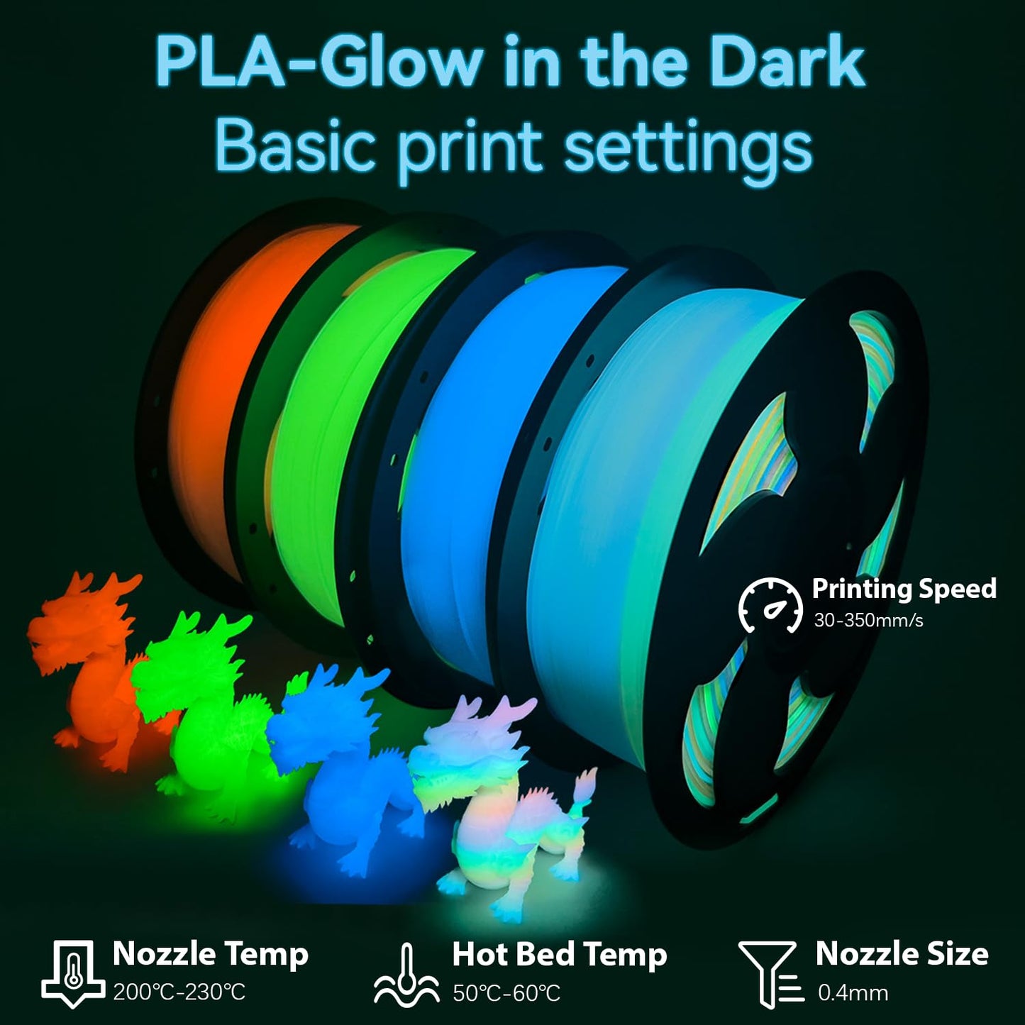 Glow Green in The Dark 1.75mm PLA Filament, 0.25kg