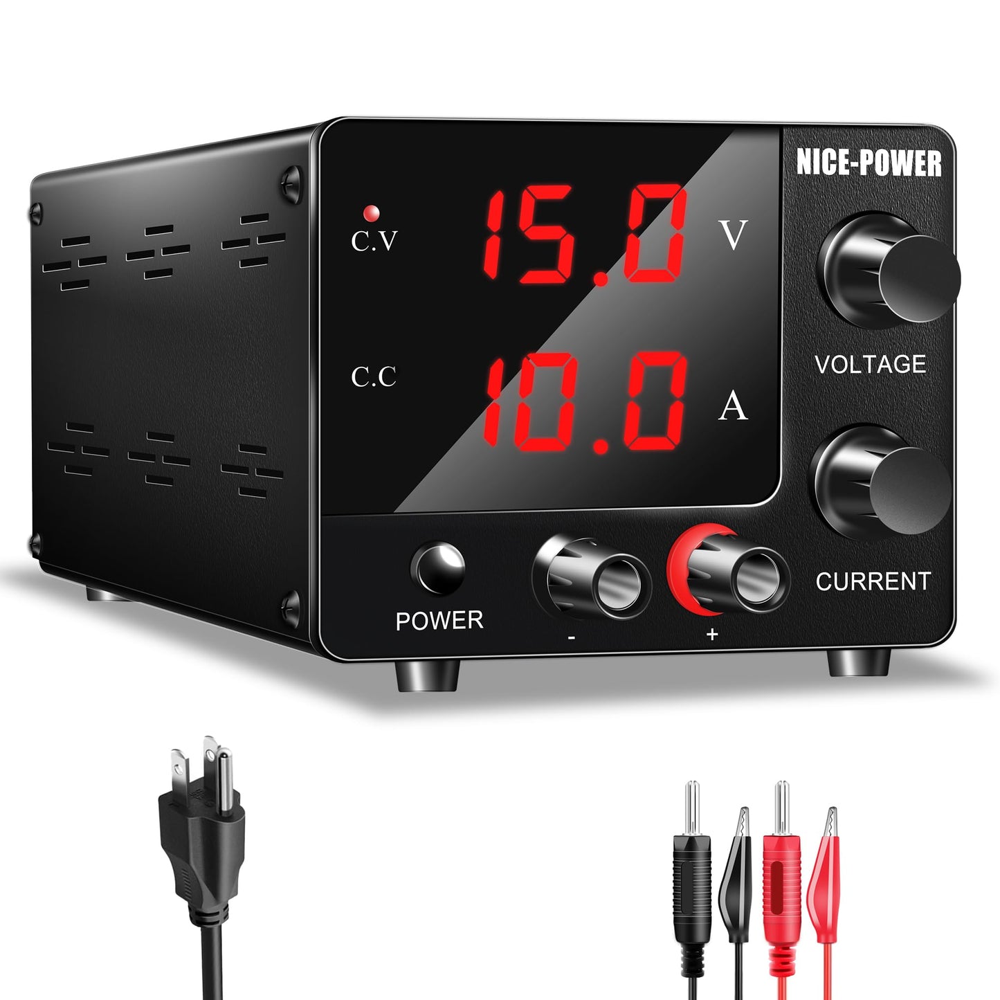 NICE-POWER DC Power Supply Variable 0~30V 0~10A, 3-Digits LED Display Current and Voltage Adjustable 150W Fixed with Encoder DC Bench Power Supply 15V 10A/30V 5A,Electroplating DIY etc PSU
