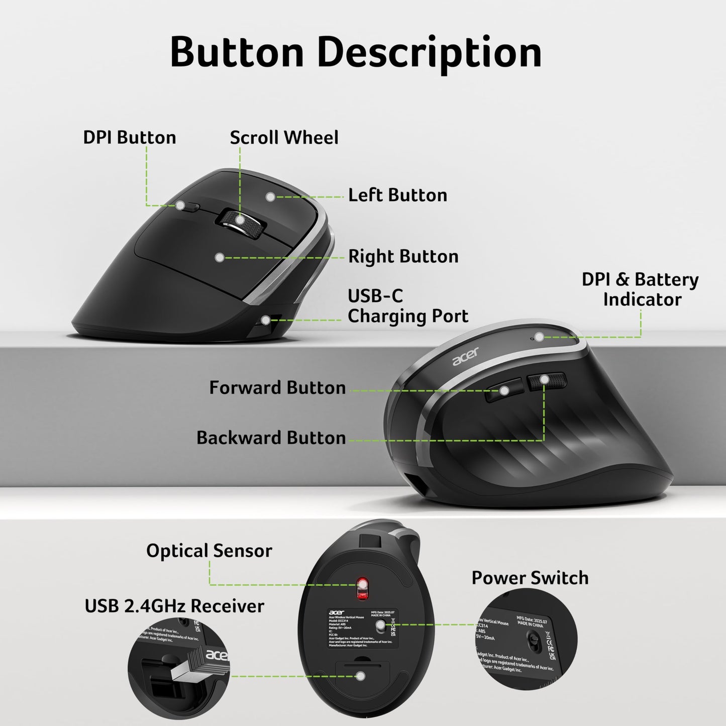 Acer Ergonomic Mouse Wireless, Vertical Computer Mouse for Laptop, PC