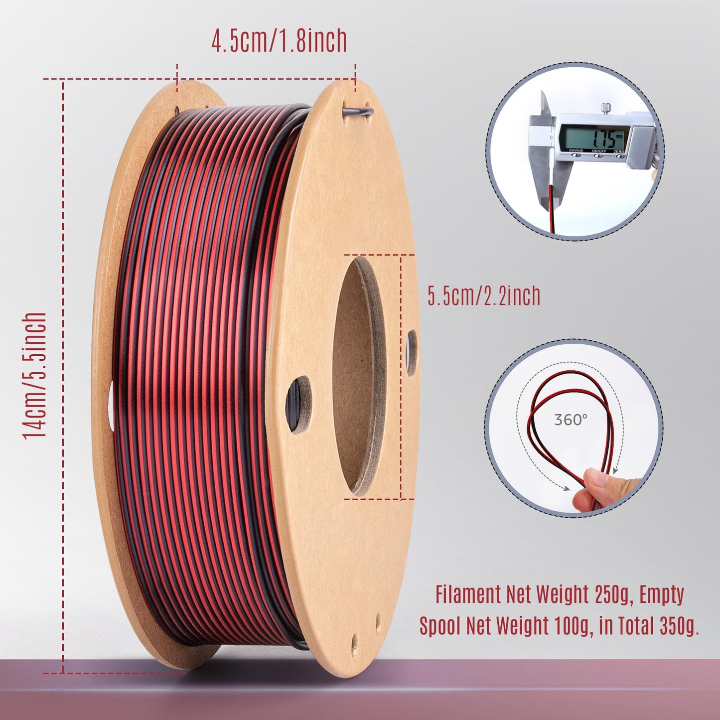 Silk Dual Color PLA+ 3D Printer Filament 1.75mm, Black+Red