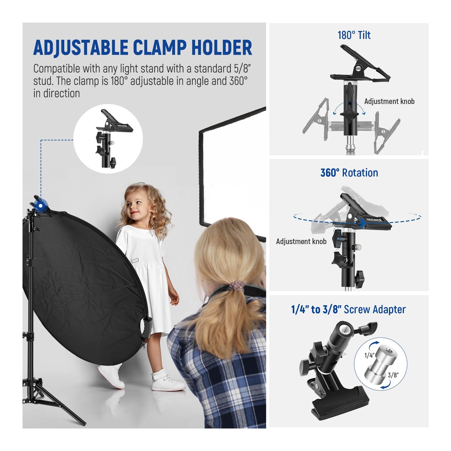 NEEWER 32"/80cm Light Reflector with Clamp & Hand Grips, 5 in 1 Collapsible Multi Disc Photography Reflector Translucent/Silver/Gold/White/Black with 3/8" Thread for Studio Outdoor Lighting, RF-80II