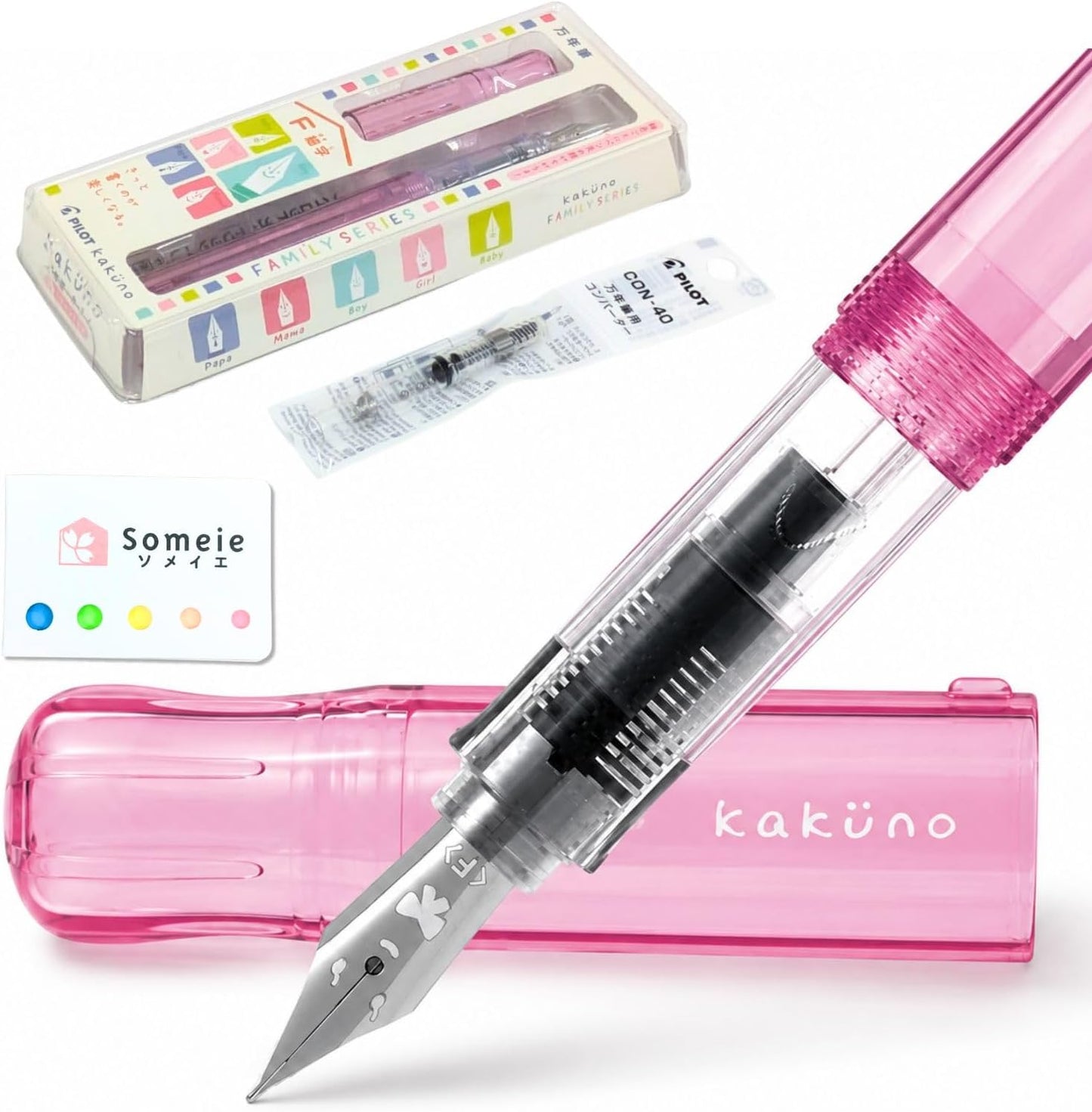 Someie Fountain Pen Set CON-40 Converter & Kakuno Fine Nib with Black Ink Cartridge & Sticky Notes – Refillable Ink System, Calligraphy