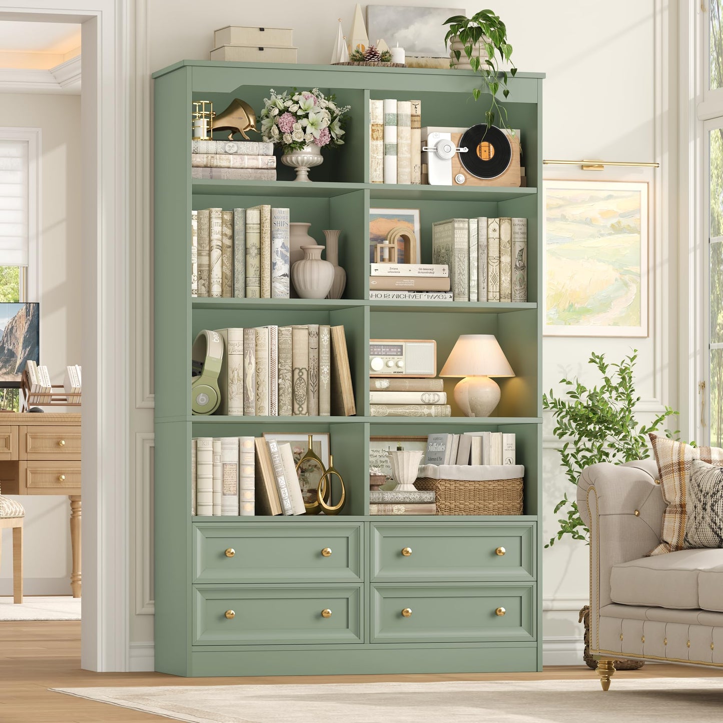 FINETONES 71" Tall Bookshelf with 4 Drawers, 6-Tier Double Wide Bookshelves and Bookcases with Storage, Green Bookshelf Large Open Bookshelves Standing Book Cabinet for Home Office