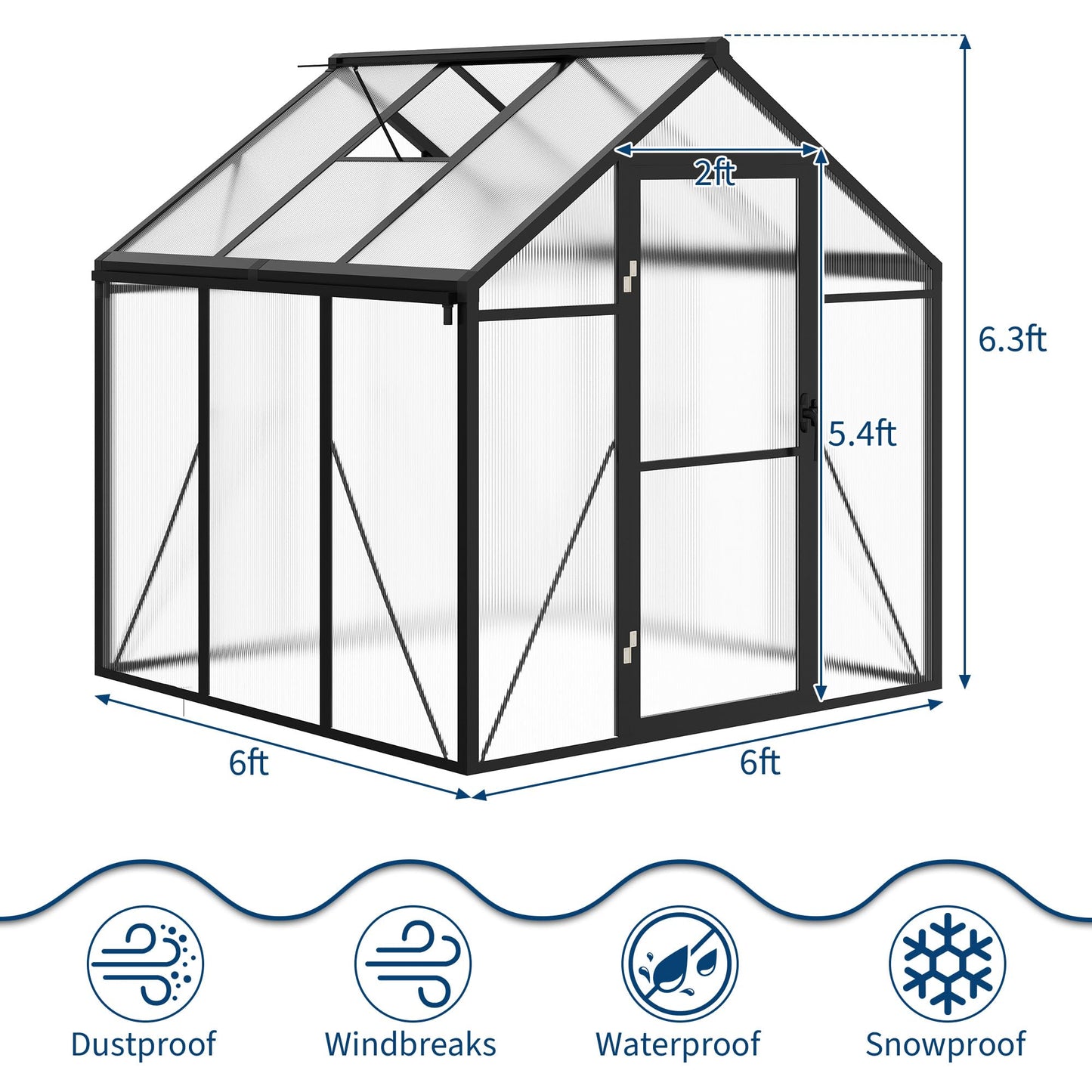 6 X 6 FT Greenhouse, Outdoor Greenhouses, Polycarbonate Panels with Aluminum Frame, Adjustable Roof Vent and Lockable Door, Green Houses for Outside Backyard, Garden, Patio