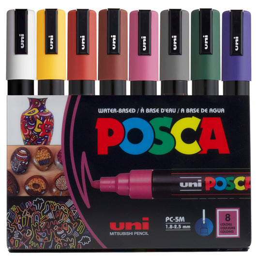 posca Markers Set, 8 Medium Paint Markers 5M – Dark Tones – White, Ochre, Ruby Red, Cacao Brown, Raspberry, Deep Grey, English Green, Prussian Blue