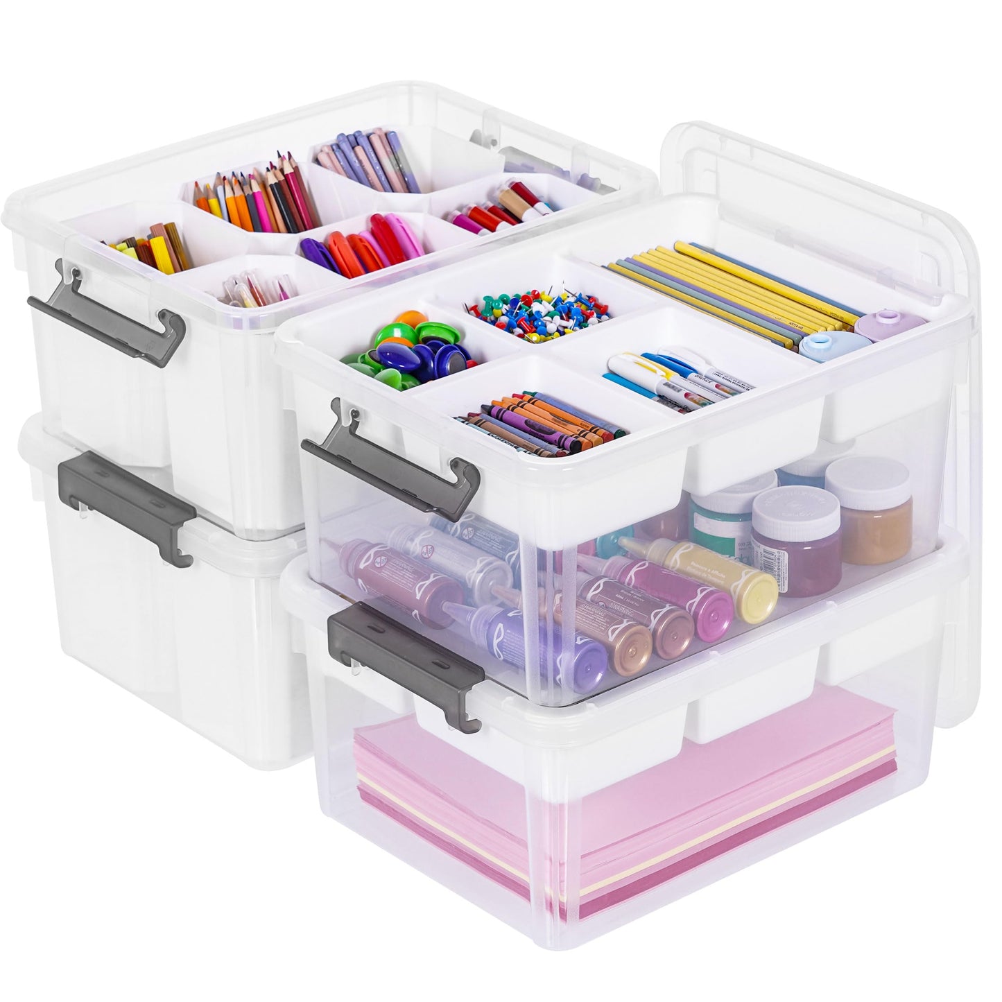 17 QT Plastic Storage Box with Removable Tray and 6 Detachable Tall Inserts, 4 Packs