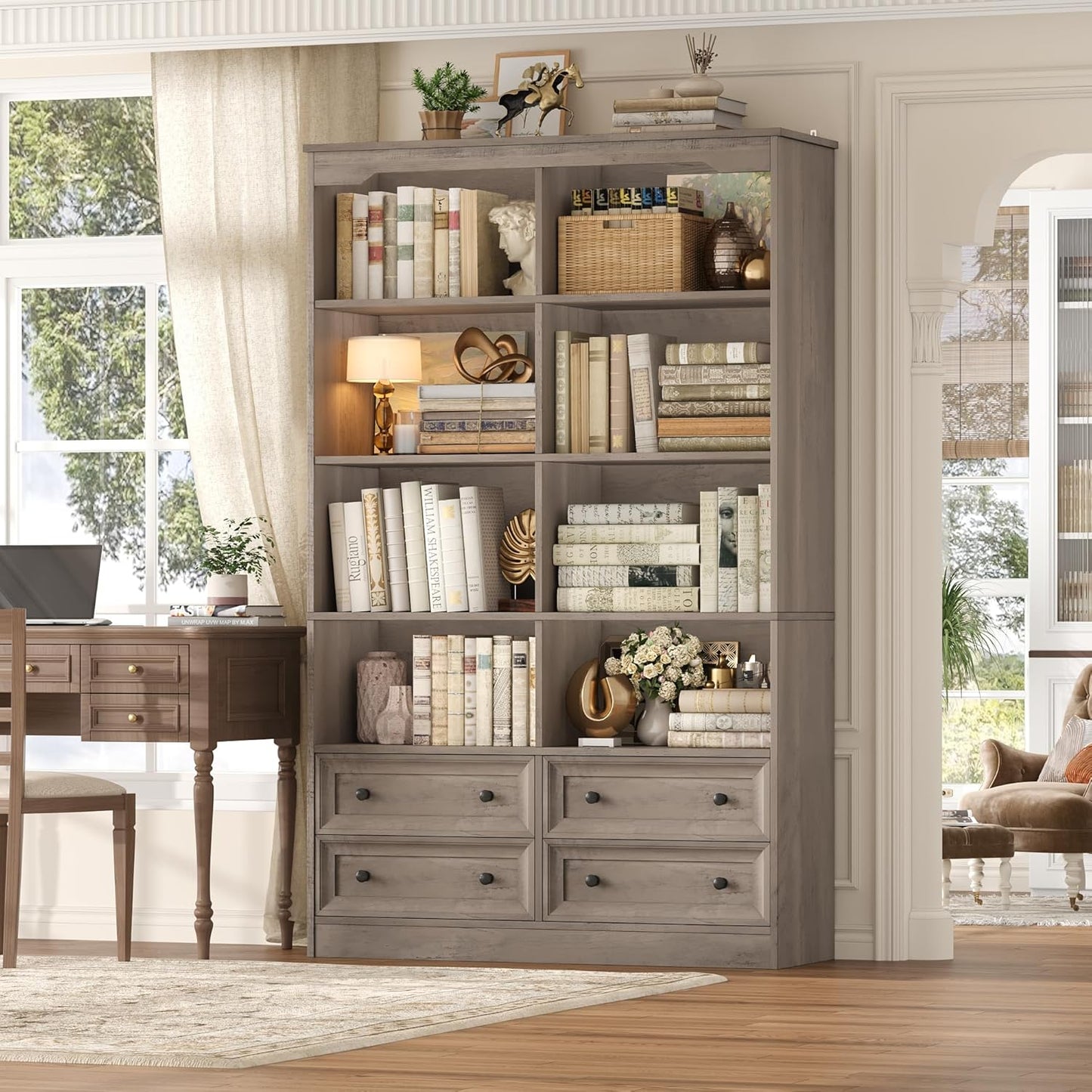 FINETONES 71" Tall Bookshelf with 4 Drawers, 6-Tier Double Wide Bookshelves and Bookcases with Storage, Green Bookshelf Large Open Bookshelves Standing Book Cabinet for Home Office