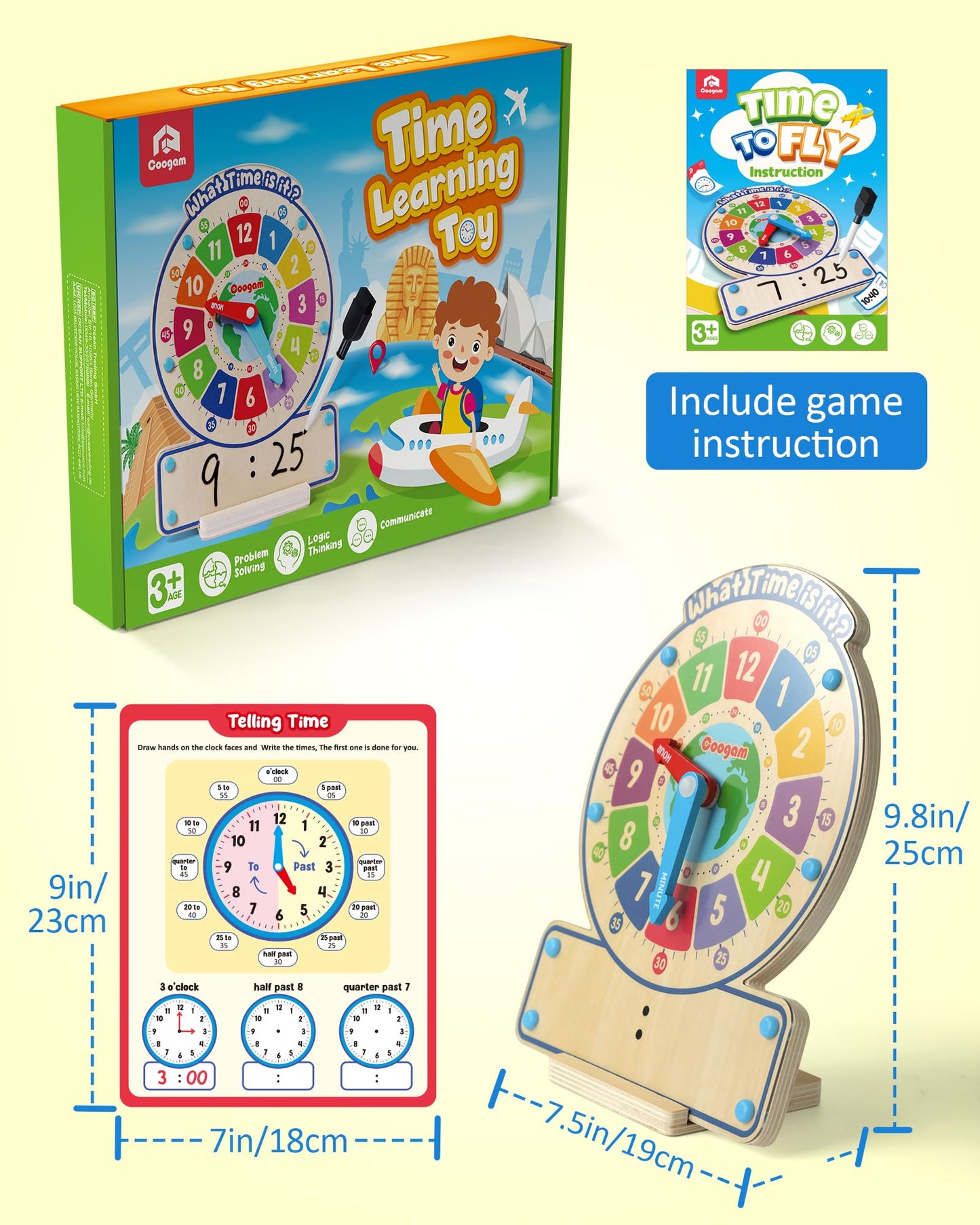 Coogam Wooden Clock Teaching Time, Analog Digital Clock
