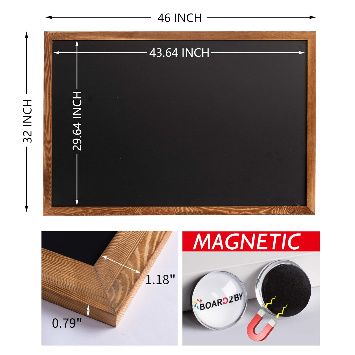 Board2by Large Magnetic Chalkboard Black Board 46 x 32 in, Rustic Brown