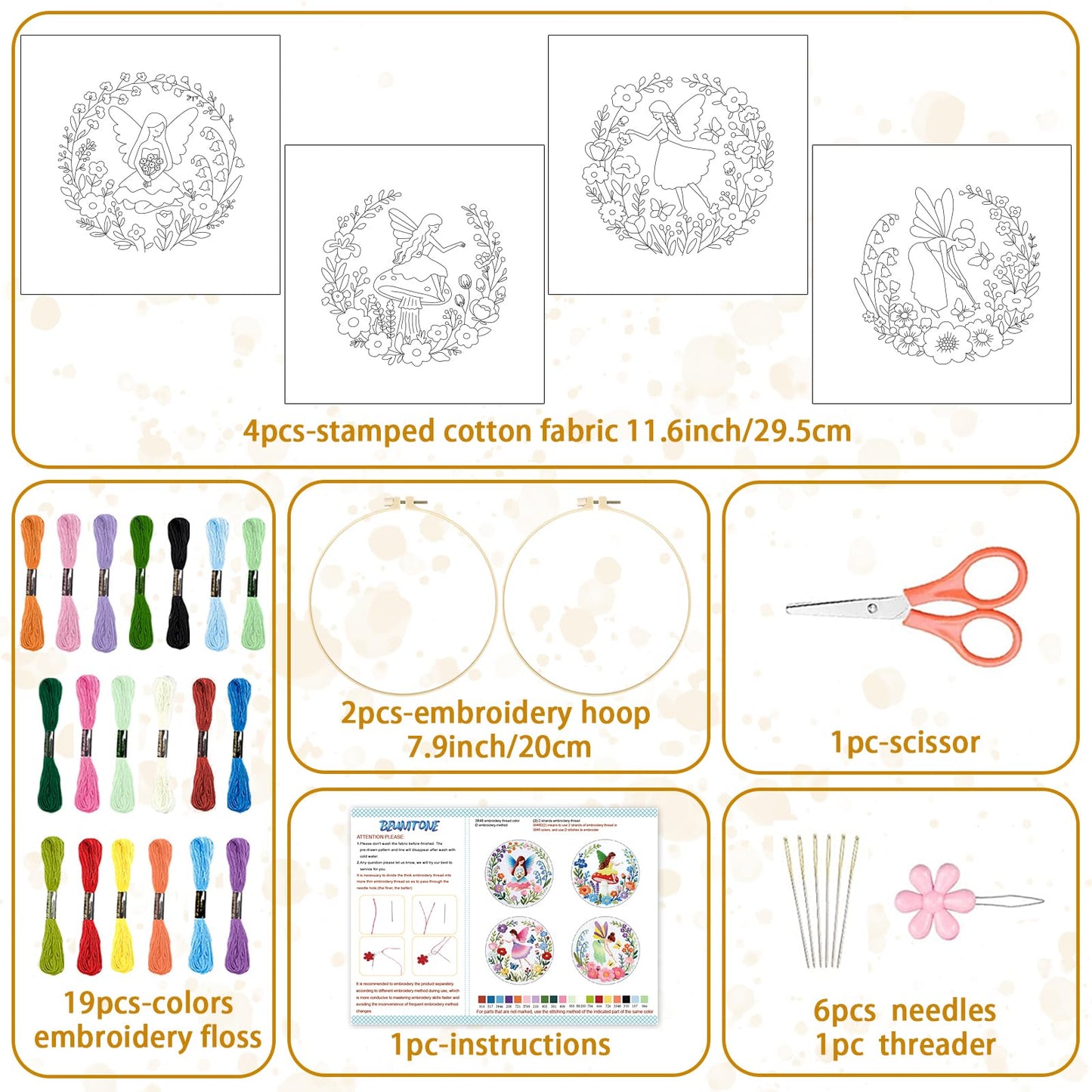 4 Set Embroidery Kit for Beginners, Fairy Patterns Cross Stitch Kits