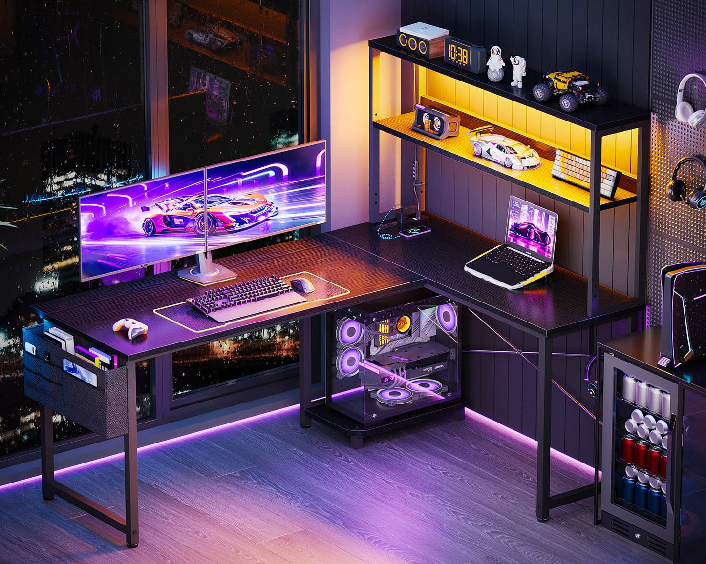 L Shaped Desk with LED Lighting- Black- 53 inch