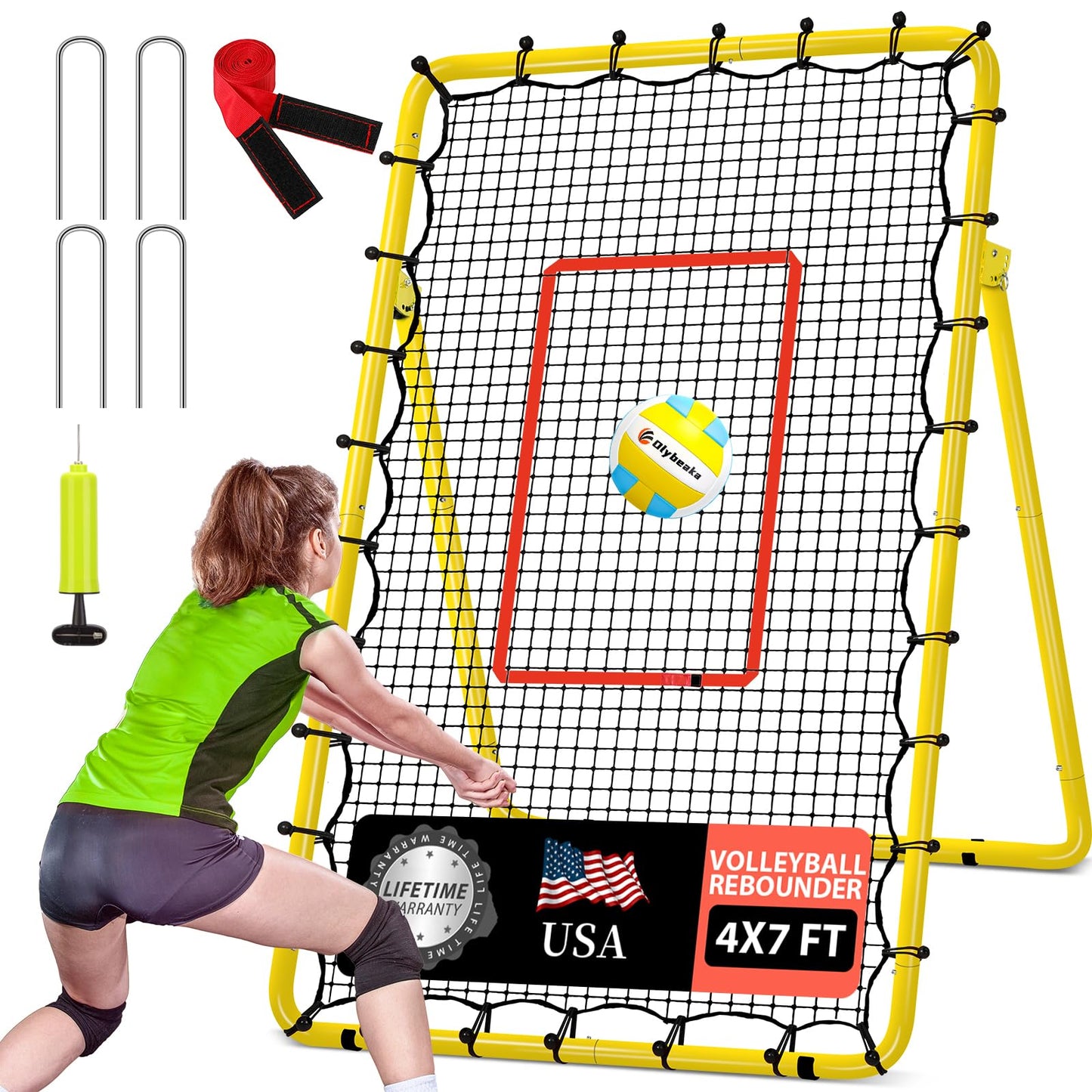 Adjustable Volleyball Rebounder Net 7x4 ft with PU Volleyball and Stakes